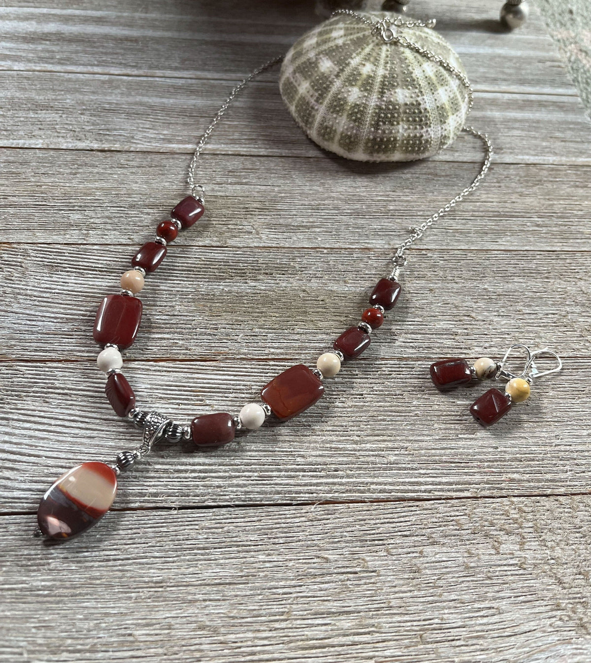 Moukaite Jasper Sunrise and Sunset Necklace showcasing unique natural pendant design.