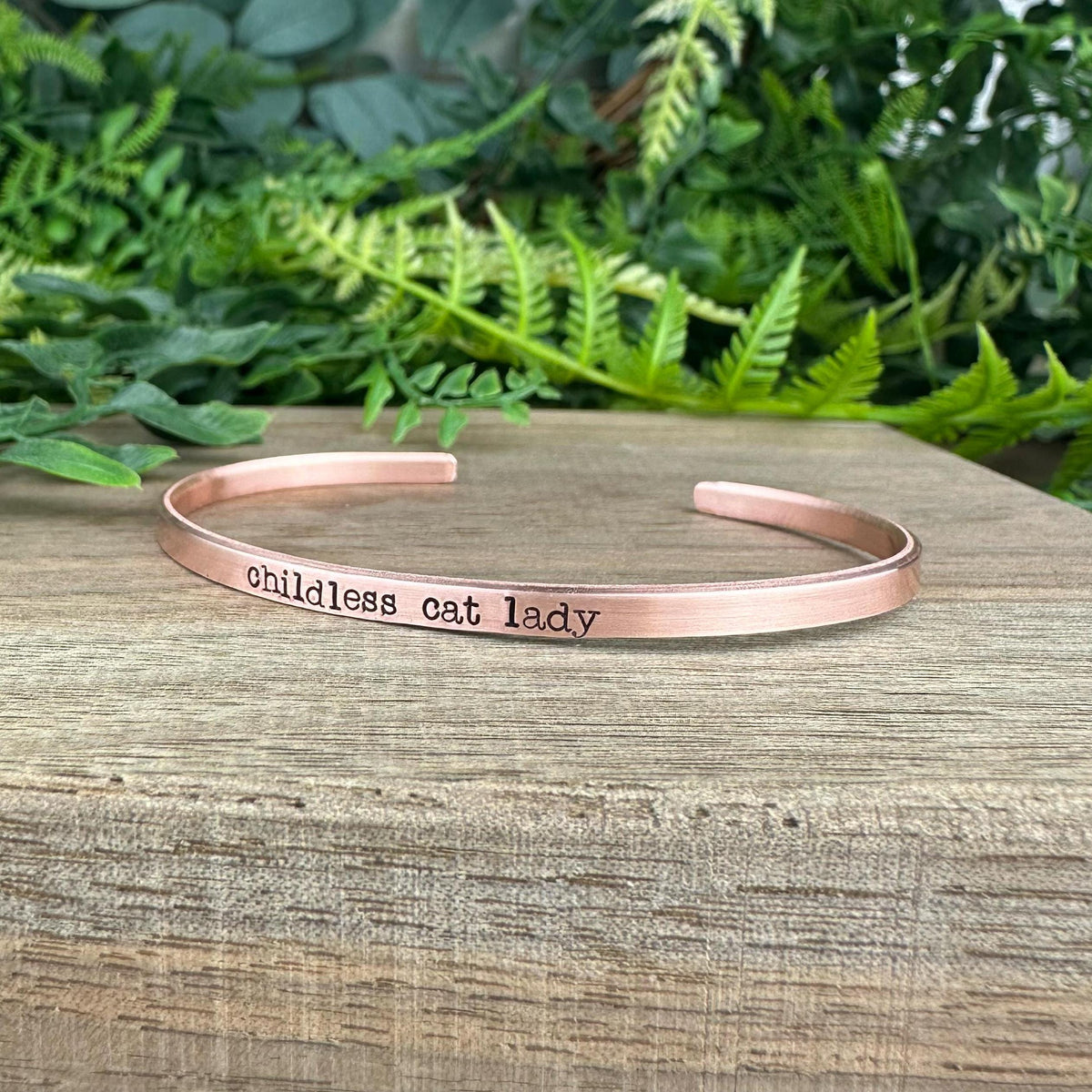Hand Stamped Cuff Bracelet: Childless Cat Lady, Stacking Jewelry