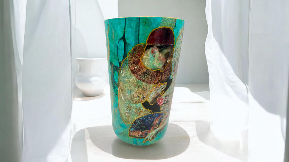 Handmade Decoupaged Glass Vase, Teal Gold Art, Tall Floral Decor