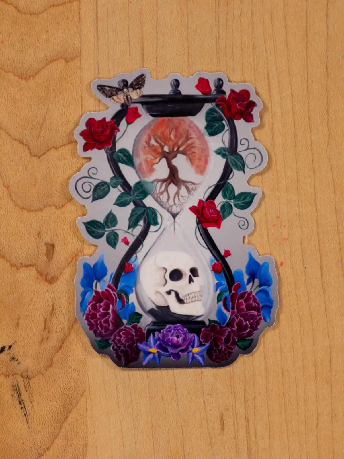 Memento Mori Vinyl Sticker: Gothic Skull, Dark Floral, Clear, Hand-Painted Art