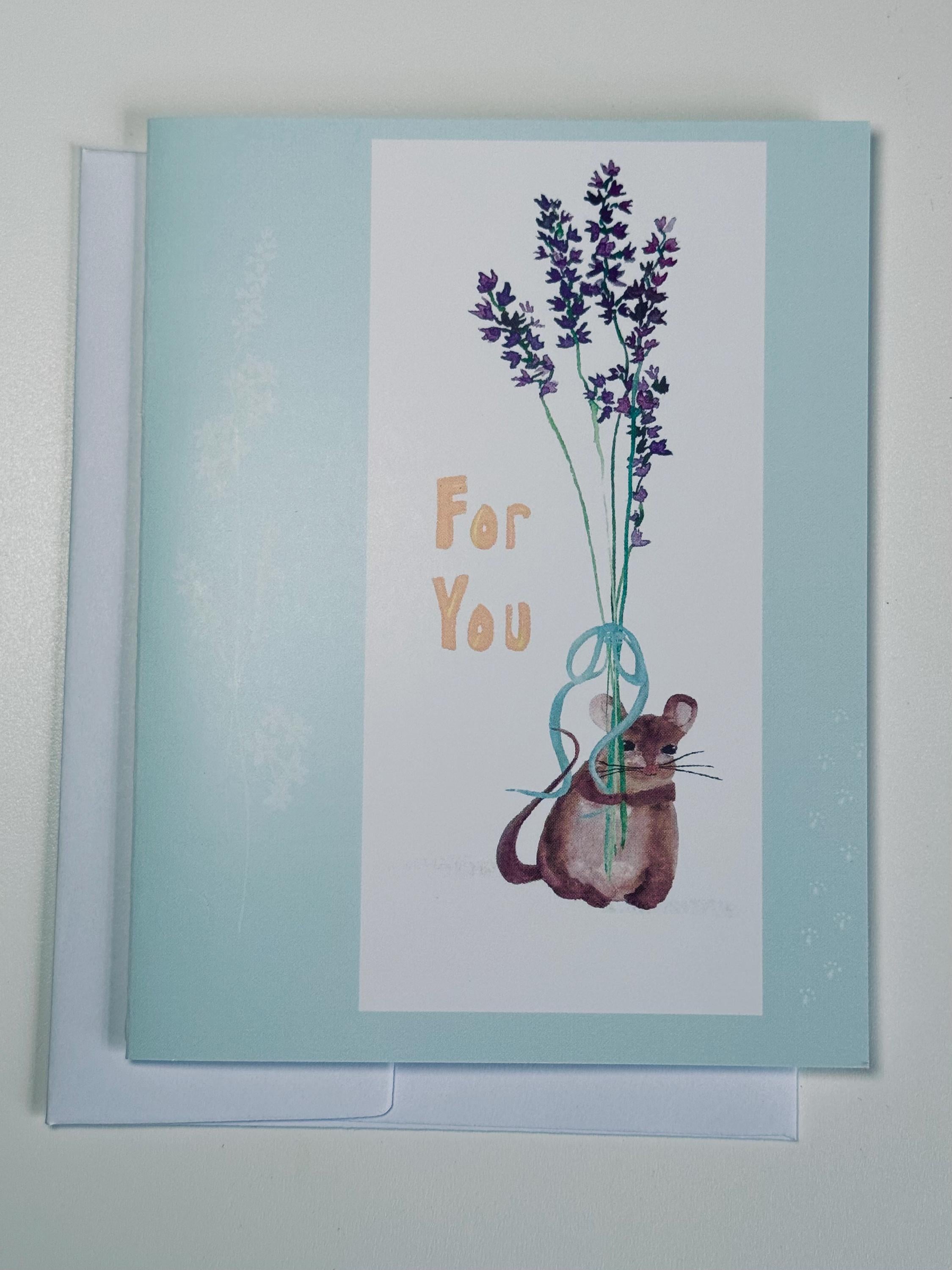 Watercolor Mouse Greeting Card: Floral Bouquet, Friendship Gift