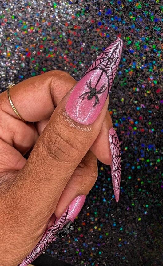 Halloween Barbie - Pink and Black Glitter Spiderweb False Press-On Nail Extensions 10pcs