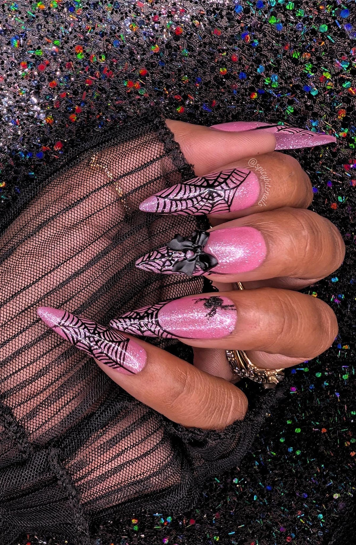 Halloween Barbie - Pink and Black Glitter Spiderweb False Press-On Nail Extensions 10pcs
