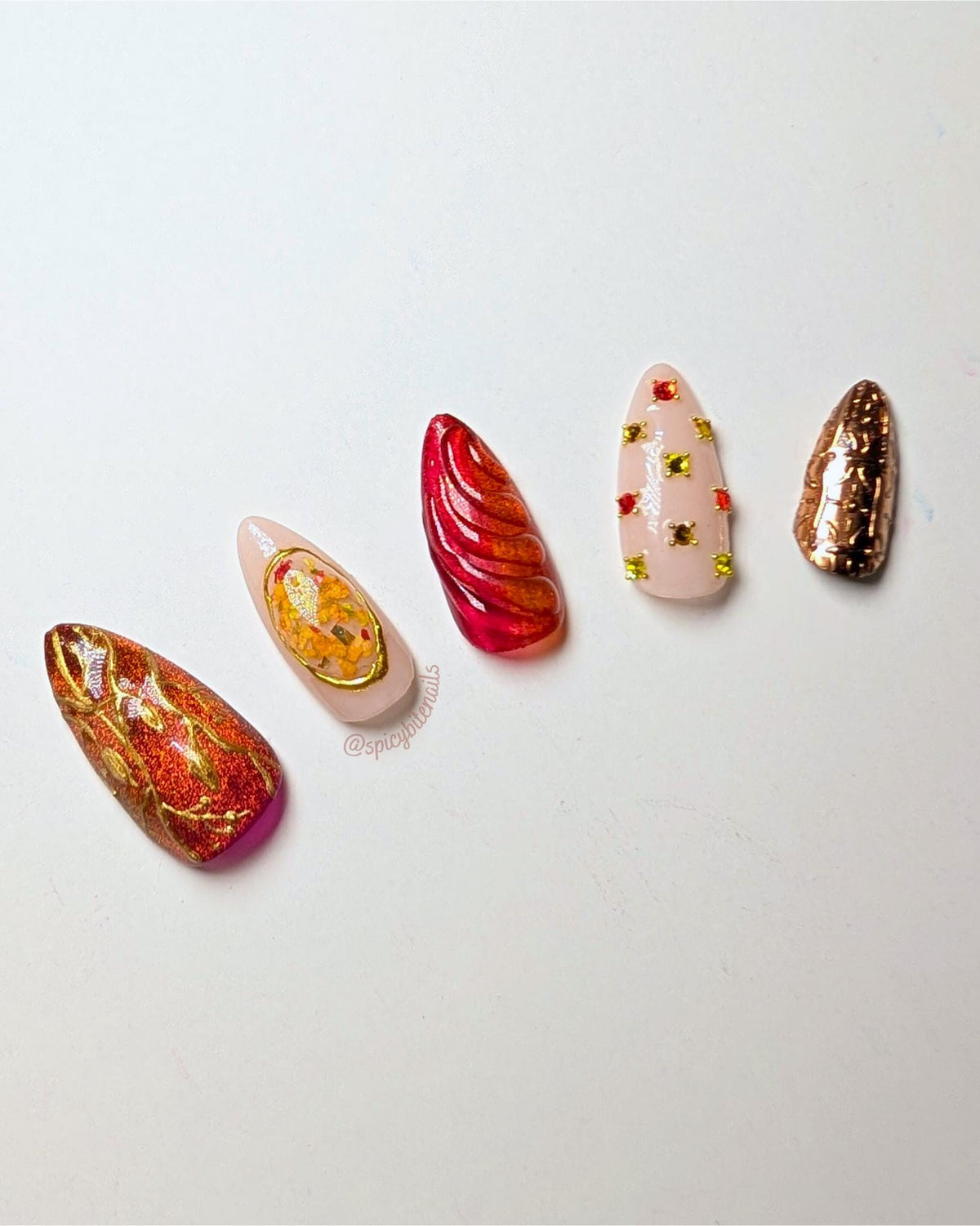 Autumnal Equinox - Nude, Red, Orange and Yellow Cat-Eye Nuance 3D Chrome False Press-On Nail Extensions 10pcs