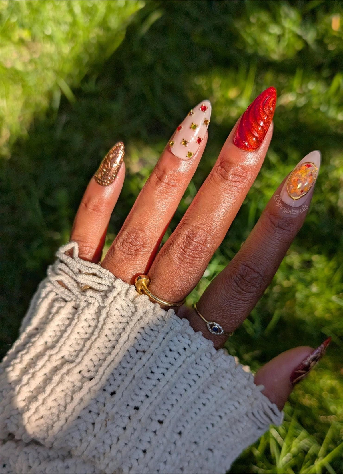 Autumnal Equinox - Nude, Red, Orange and Yellow Cat-Eye Nuance 3D Chrome False Press-On Nail Extensions 10pcs
