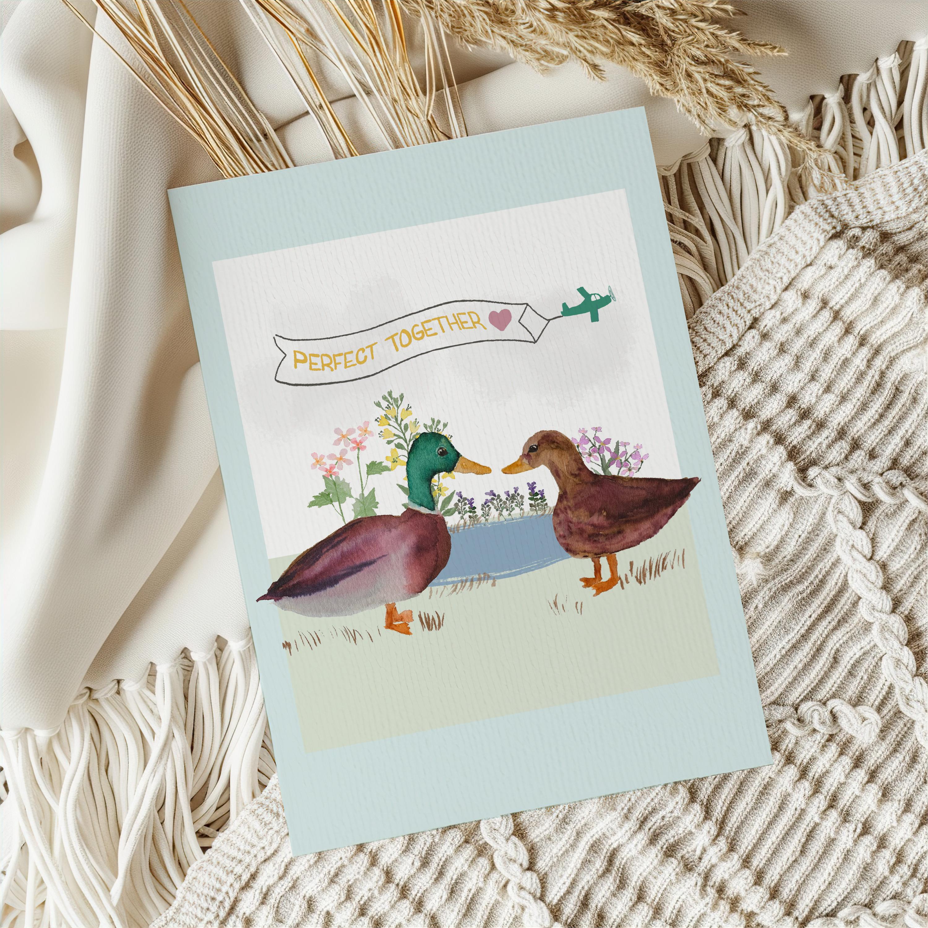 Mallard Ducks Anniversary Card, Watercolor Couple, Blank Greeting Card, Show your love