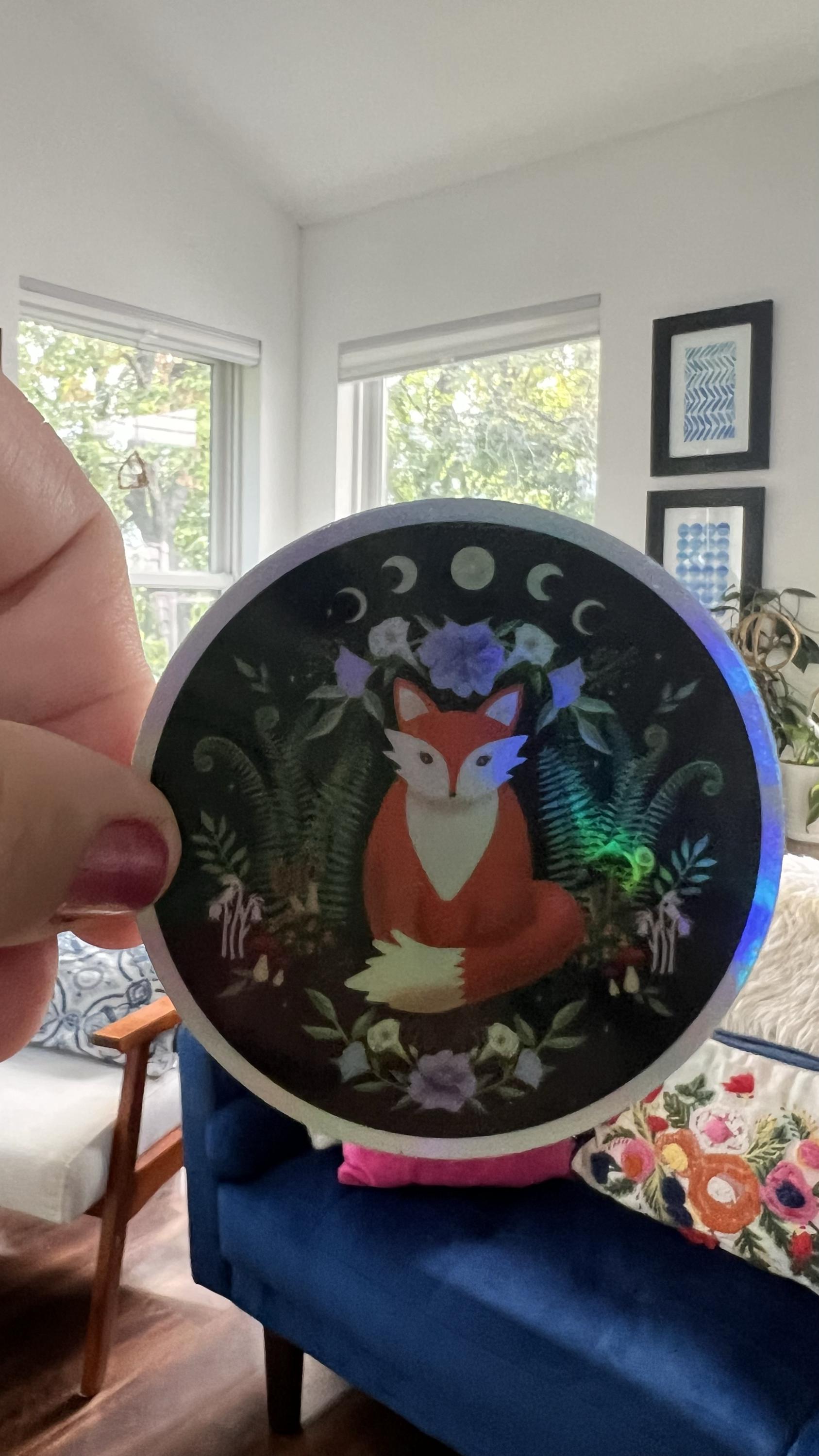 Woodland Fox Holographic Sticker | Moon Phases, Mystical Forest Art, Celestial Nature Lover