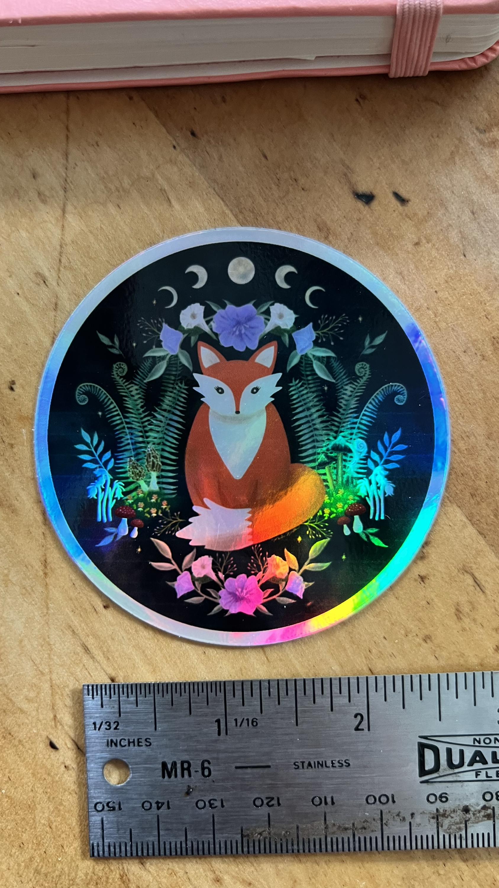 Woodland Fox Holographic Sticker | Moon Phases, Mystical Forest Art, Celestial Nature Lover