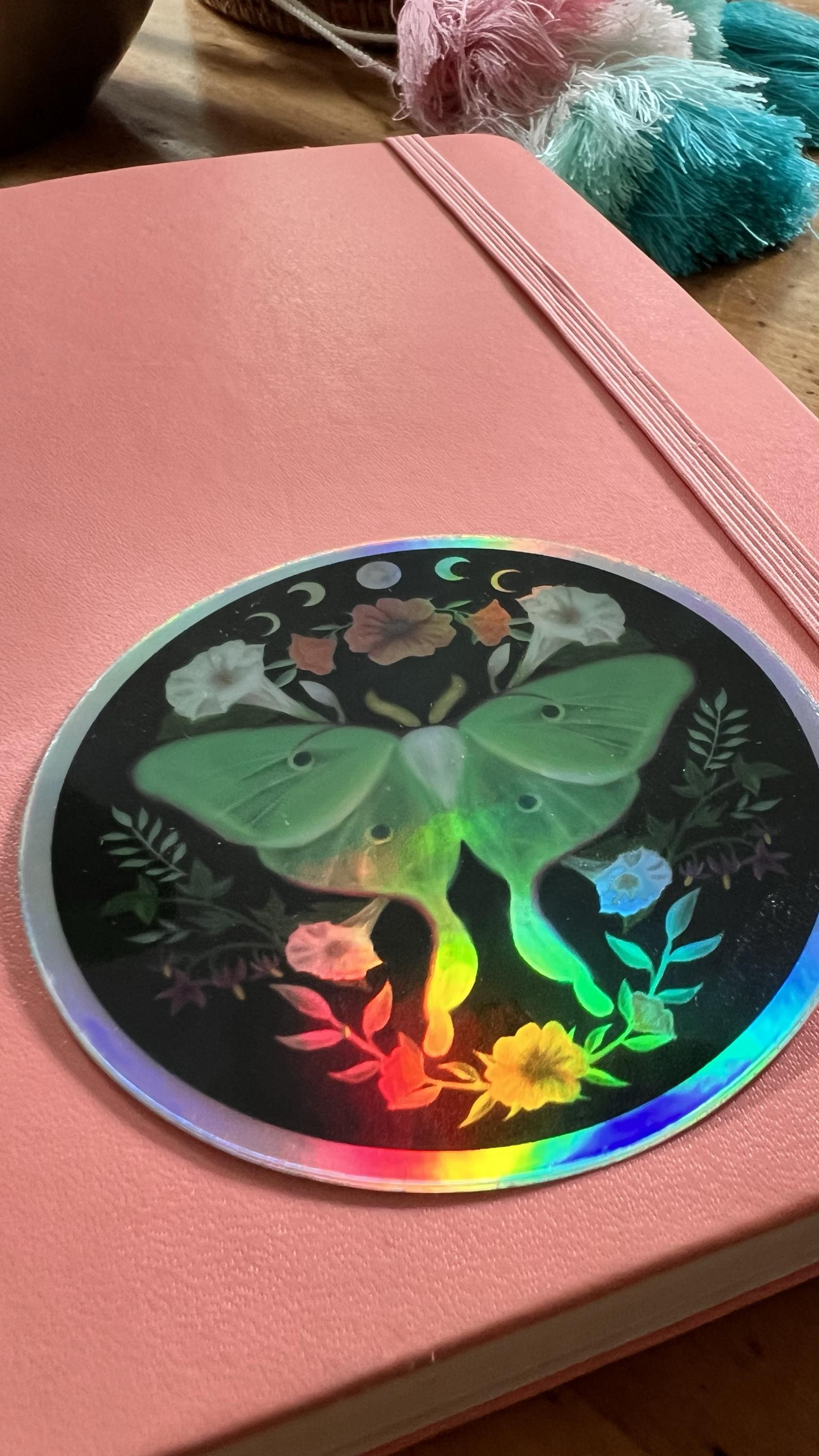 Holographic Luna Moth Sticker | Moon Phase Celestial Vinyl Decal (3 Inch)