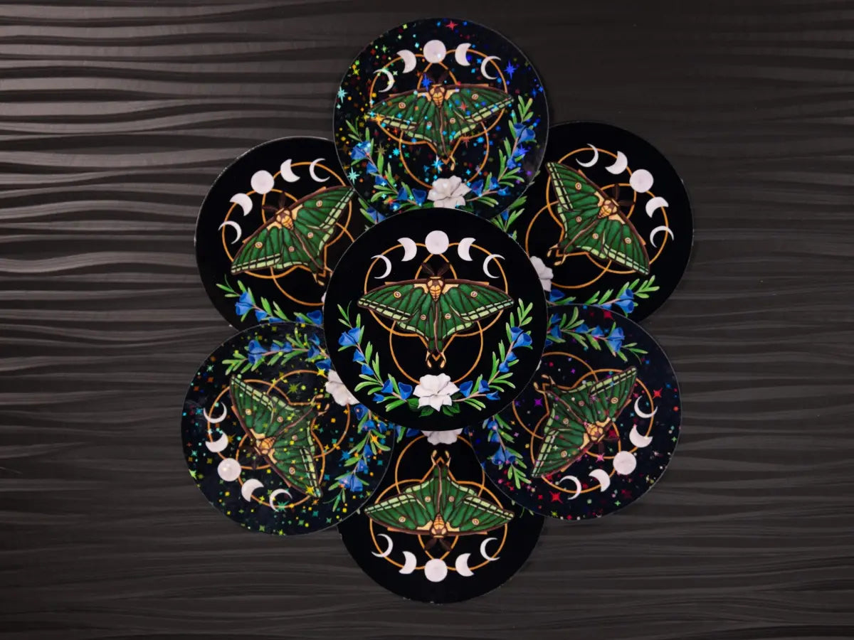 Moon Moth Sticker: Lunar Phases, Witchy Decal, Original Hand-Painted Art