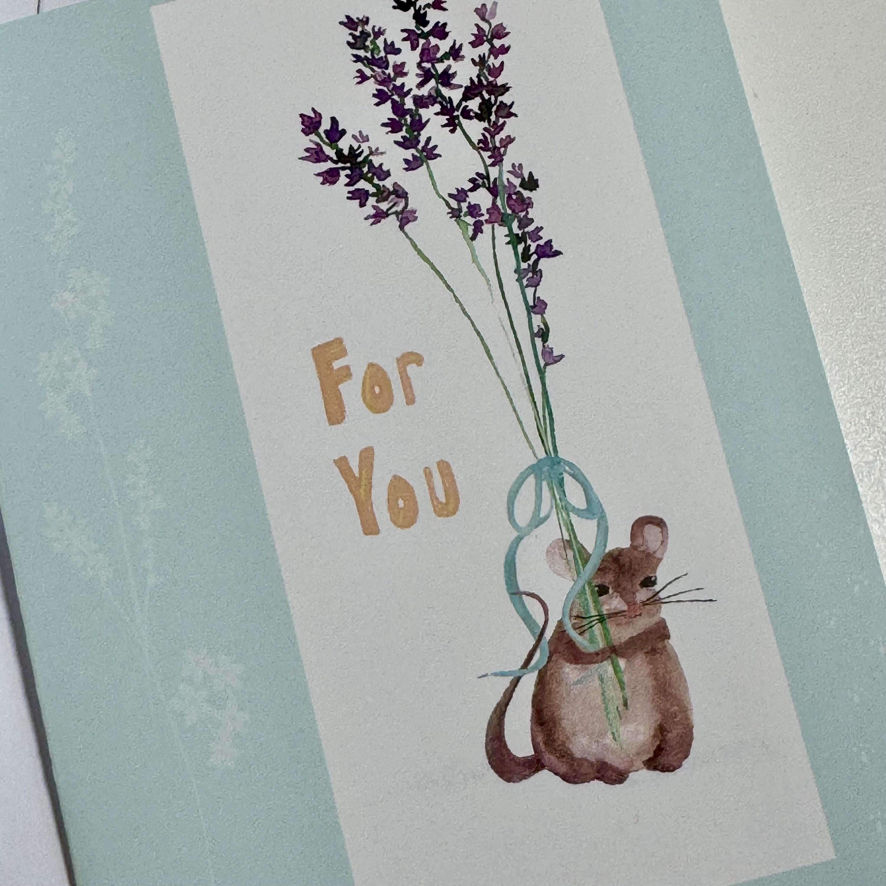 Watercolor Mouse Greeting Card: Floral Bouquet, Friendship Gift