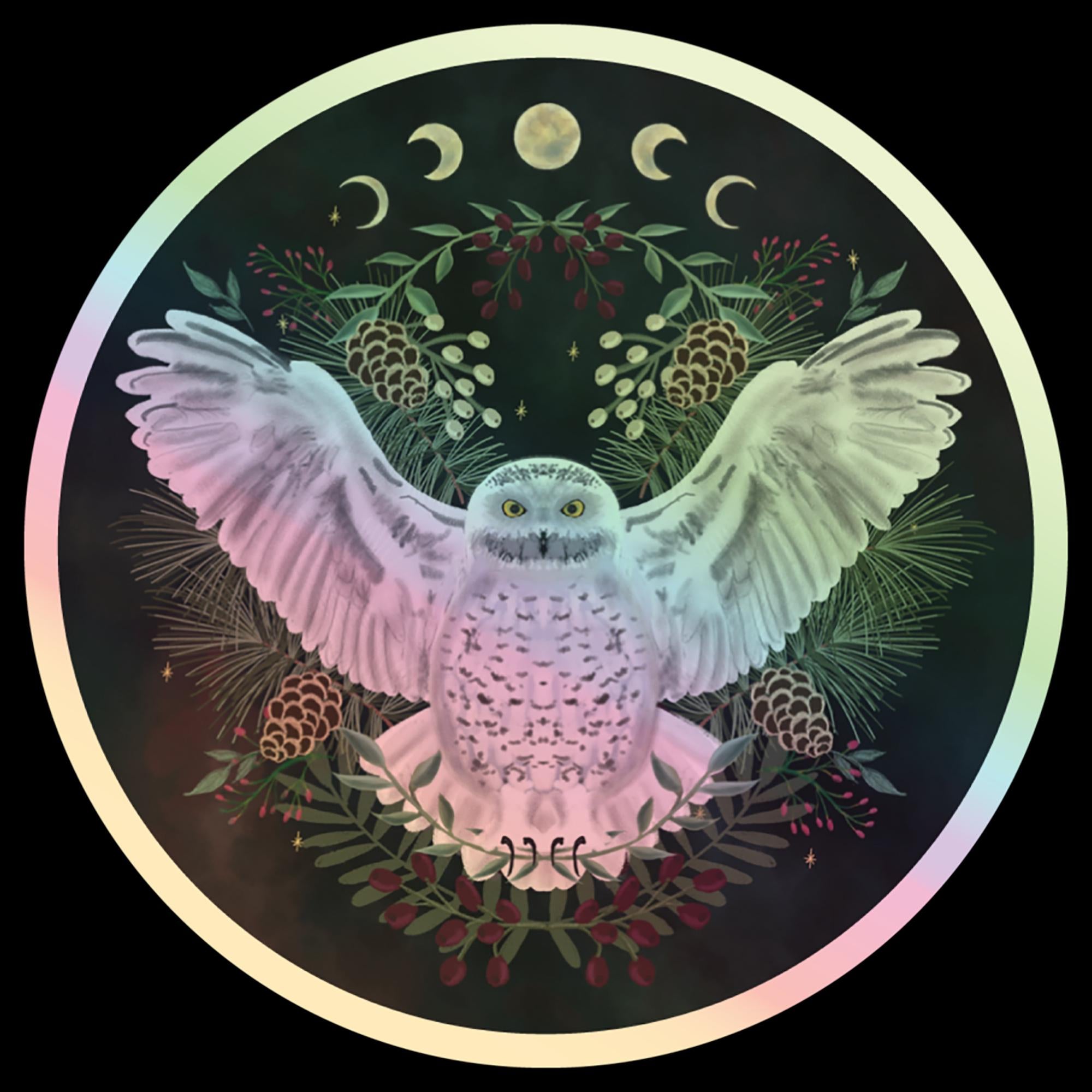 Holographic Snowy Owl Moon Phase Sticker | Celestial Lunar Cycle Art (3" Die-Cut)