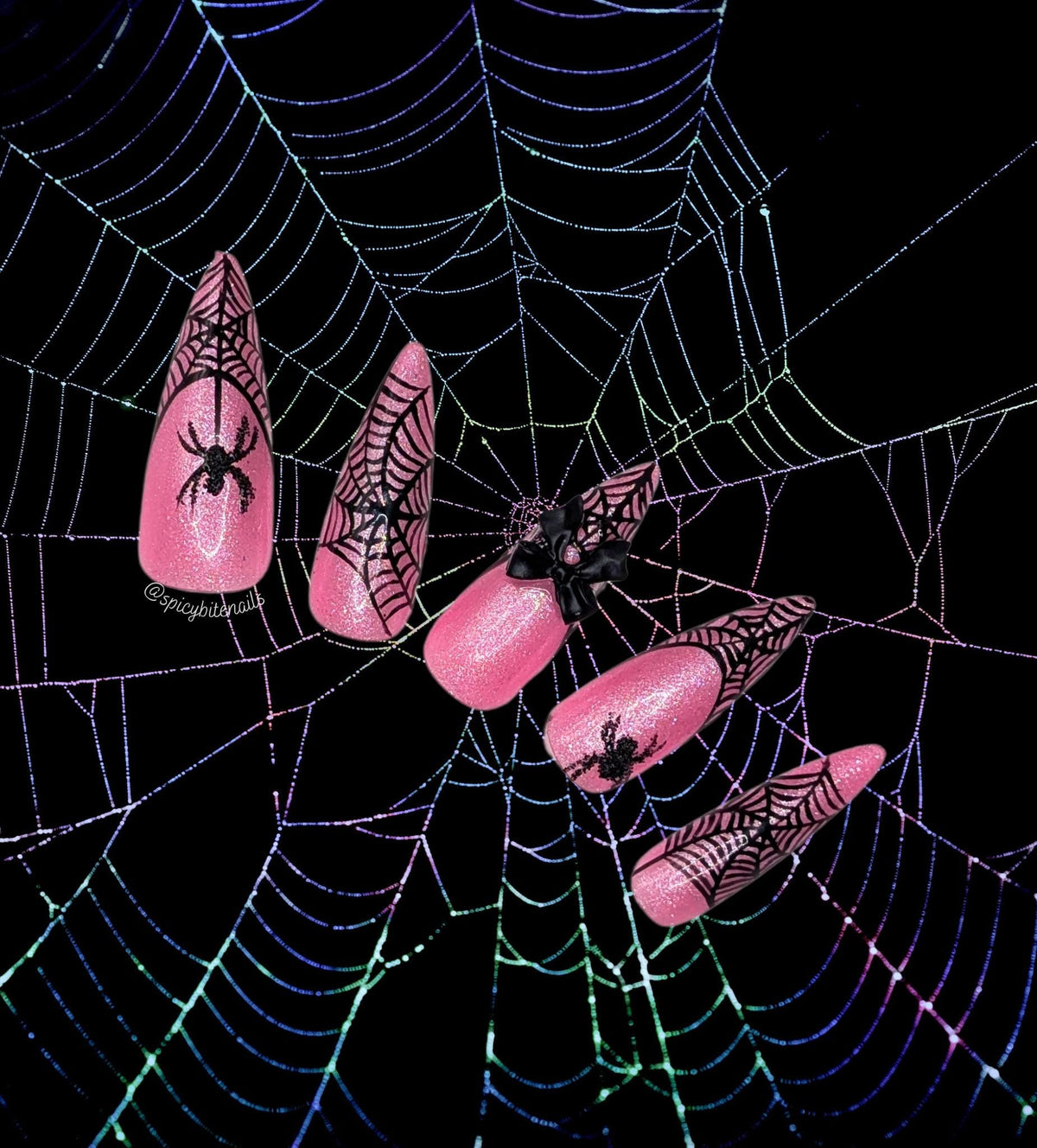 Halloween Barbie - Pink and Black Glitter Spiderweb False Press-On Nail Extensions 10pcs