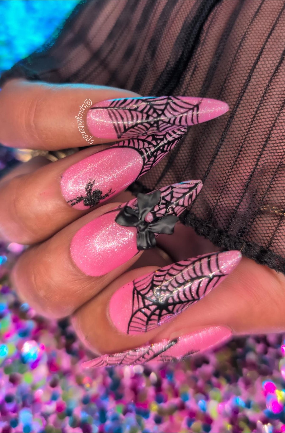 Halloween Barbie - Pink and Black Glitter Spiderweb False Press-On Nail Extensions 10pcs