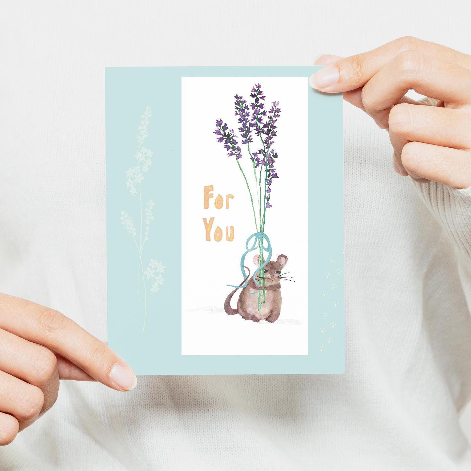 Watercolor Mouse Greeting Card: Floral Bouquet, Friendship Gift