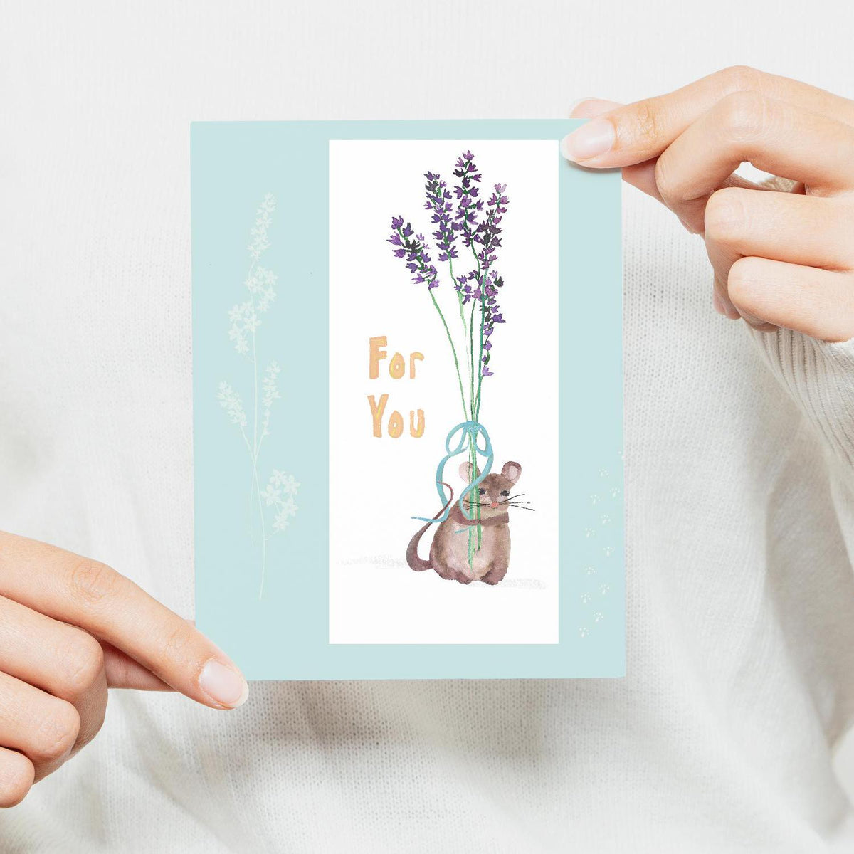 Watercolor Mouse Greeting Card: Floral Bouquet, Friendship Gift