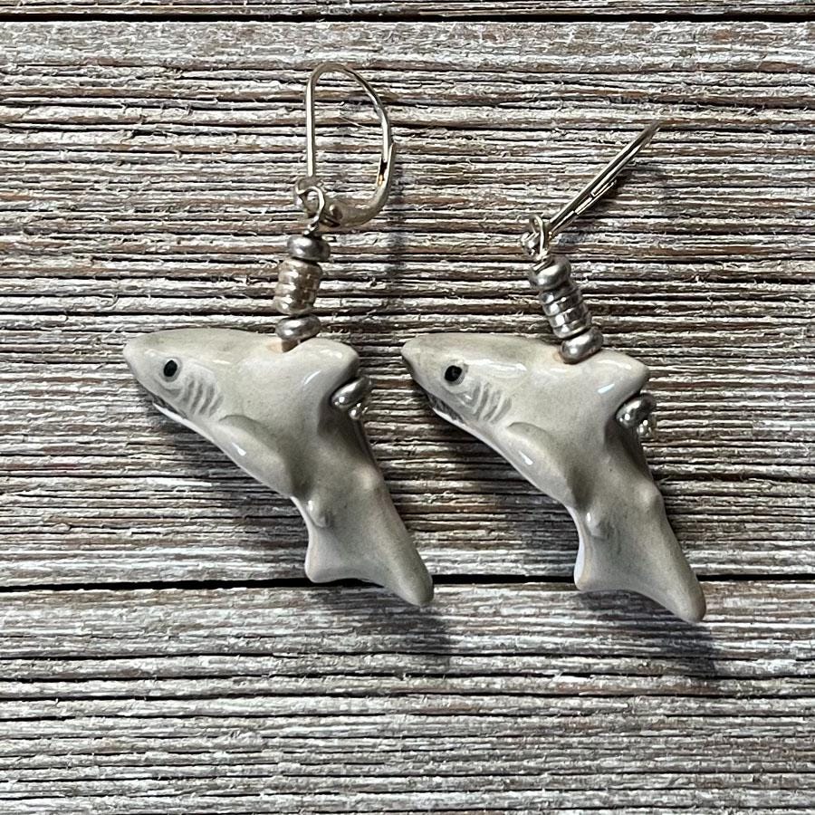 SHARK EARRINGS - Cute grinning shark jewelry with a shiny ceramic finish, perfect for fish lovers and as a playful accessory.