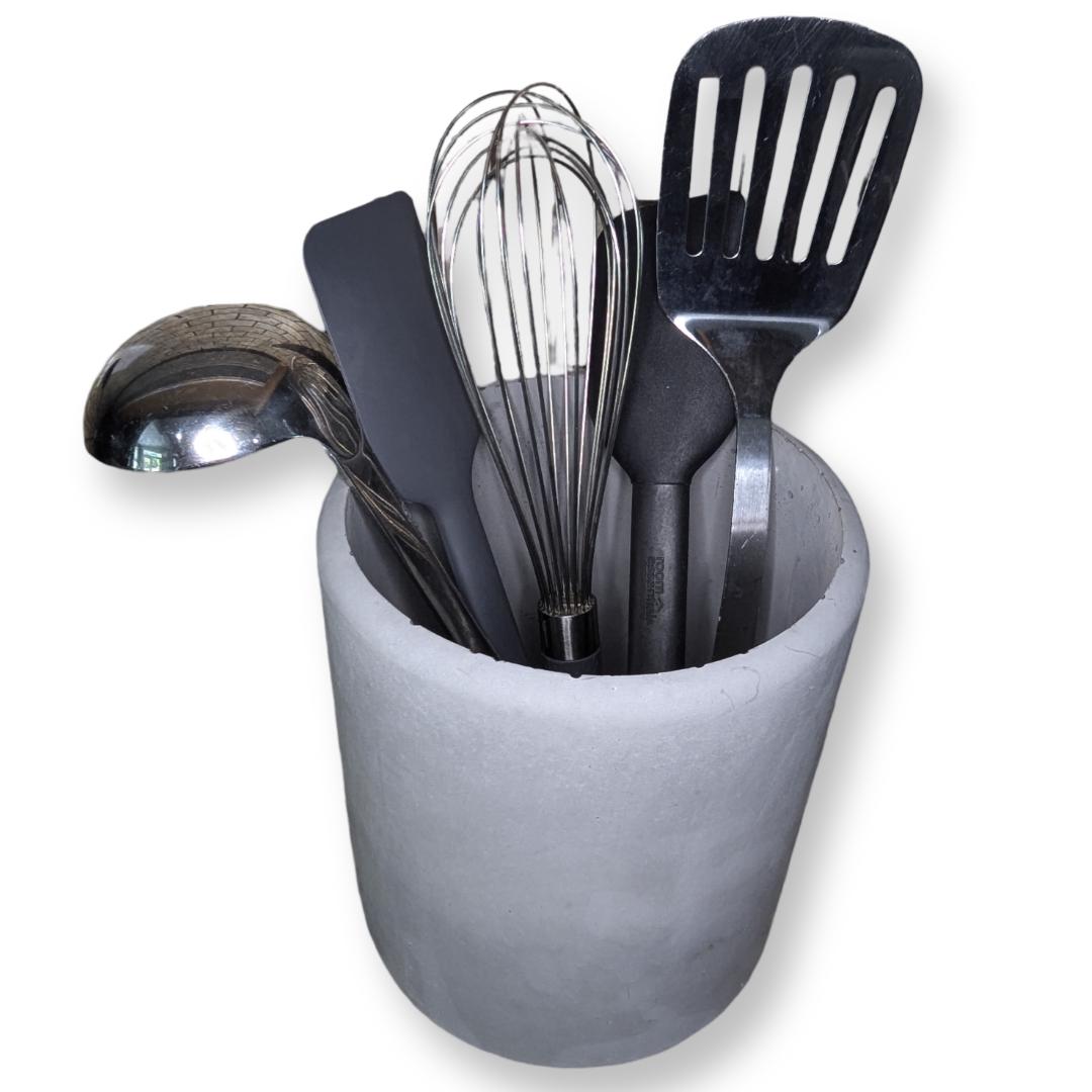 Gray Concrete Utensil Holder – Modern, Minimalist Kitchen Organization. Indoor/Outdoor Planter With Drain Hole
