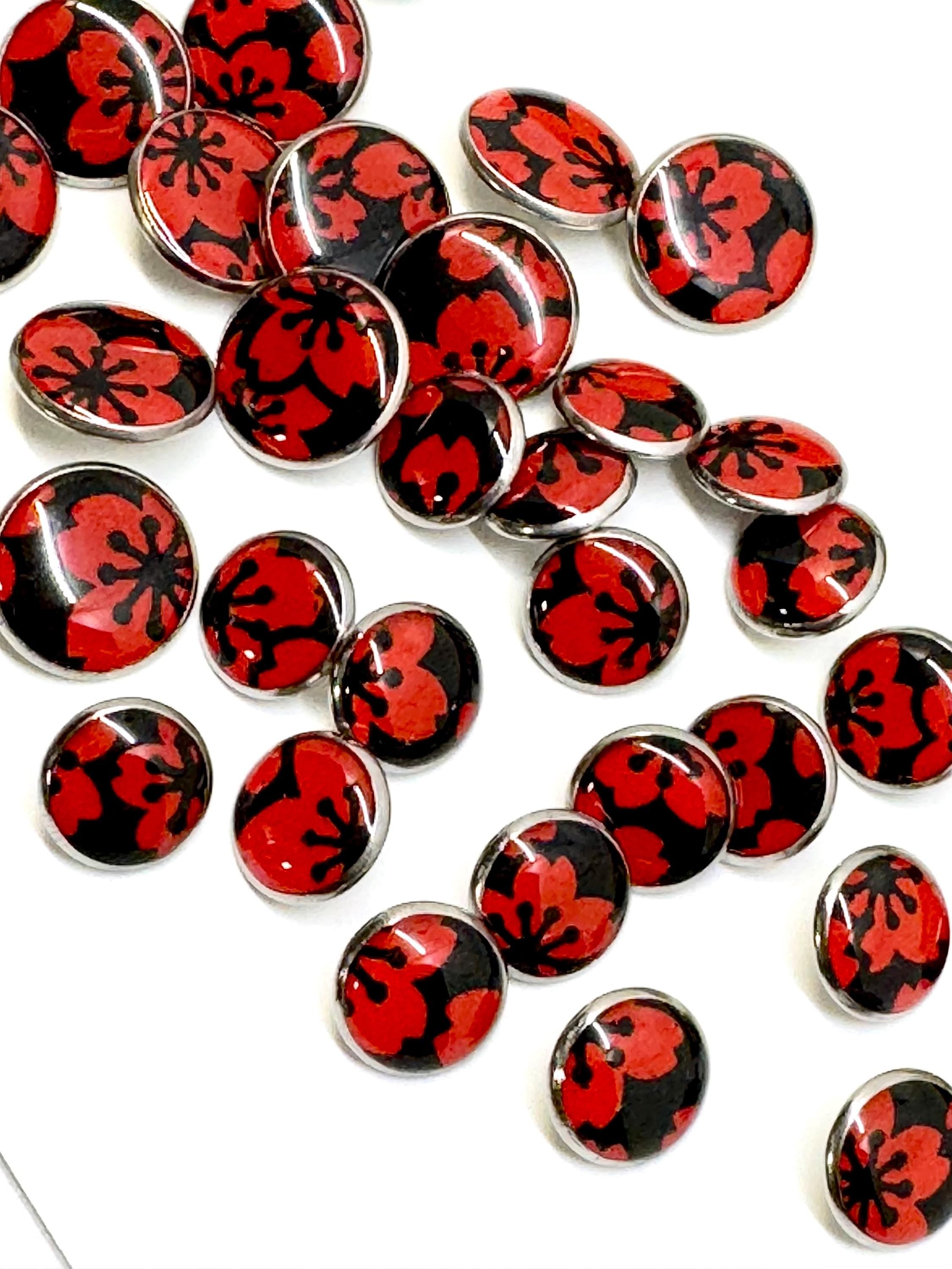 Small Round Buttons - Red Flowers on Black Background - 12mm