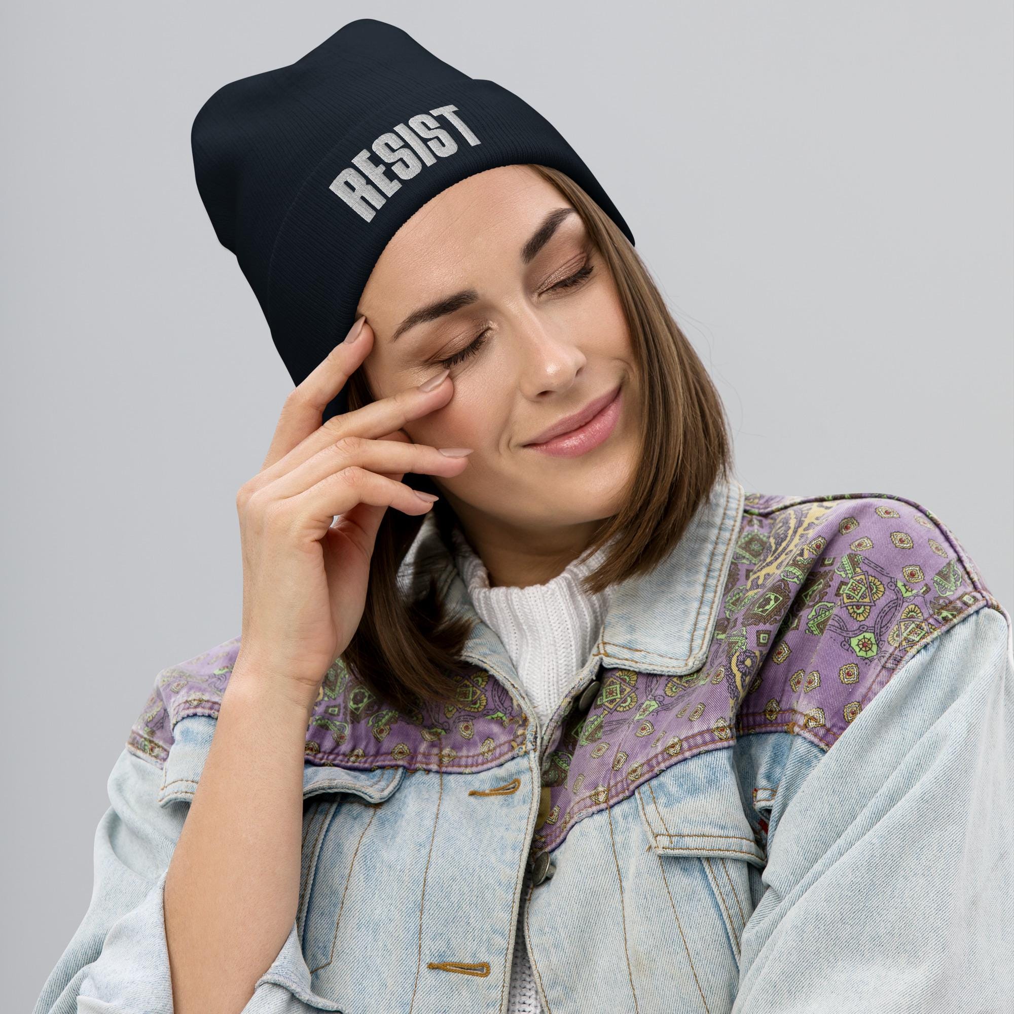 Resist Embroidered Beanie