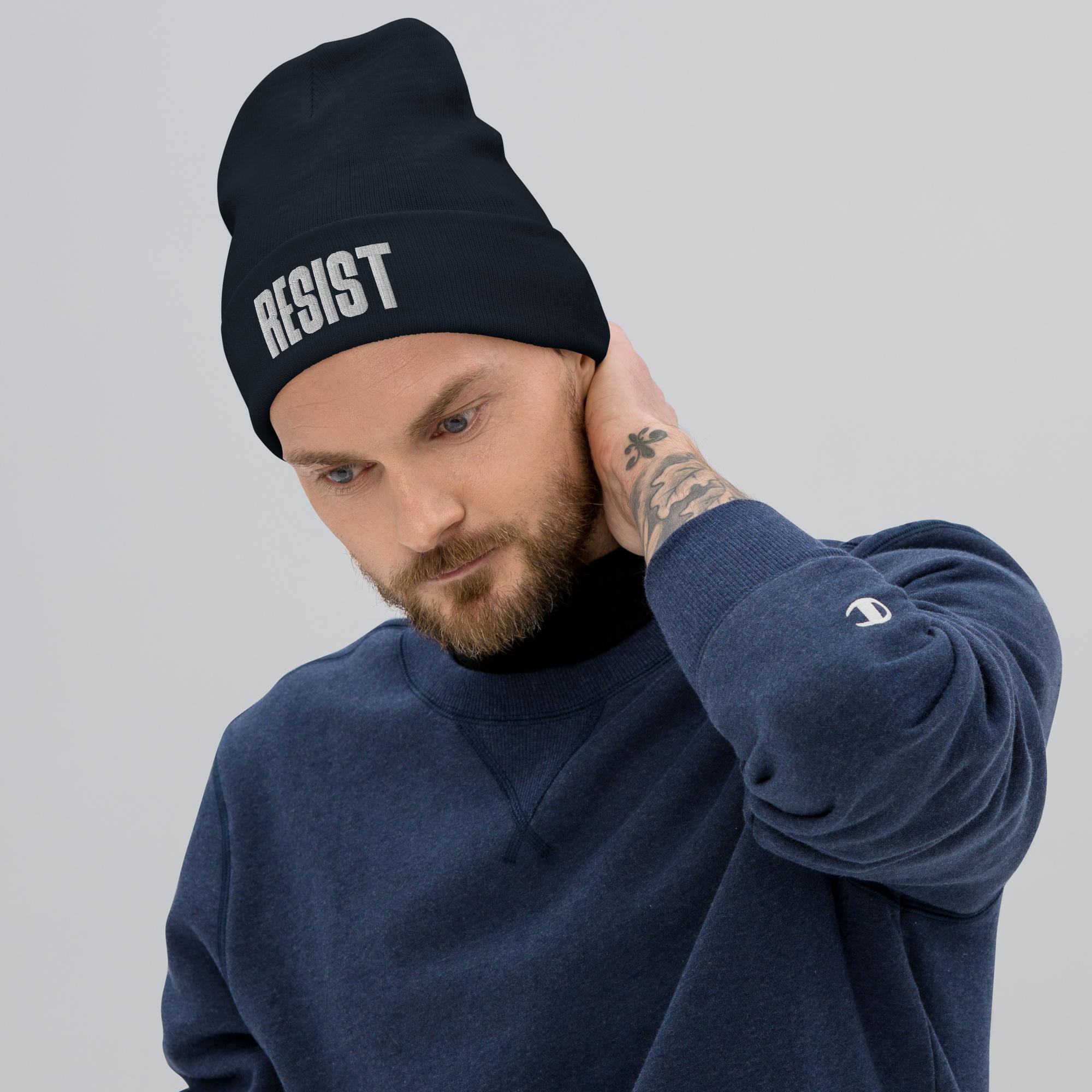 Resist Embroidered Knit Beanie, Resistance Skull Cap