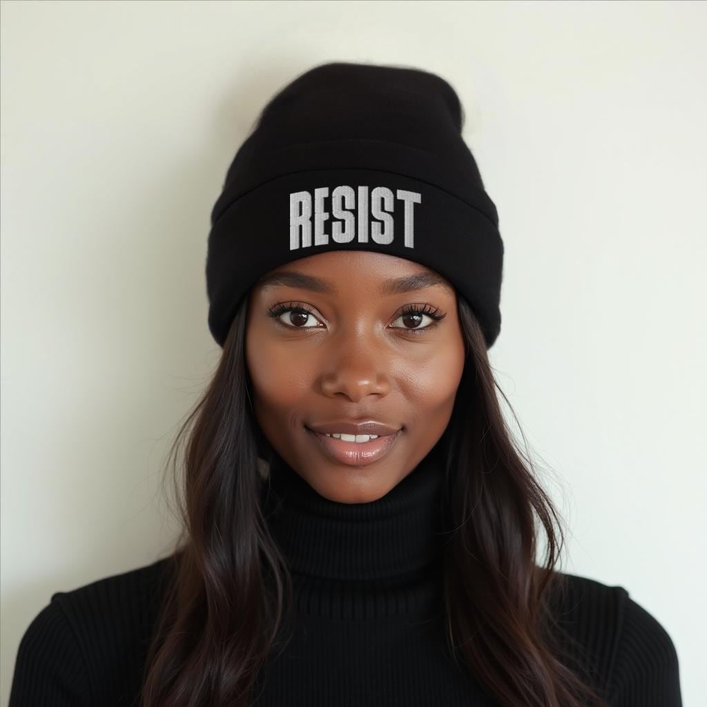 Resist Embroidered Knit Beanie, Resistance Skull Cap