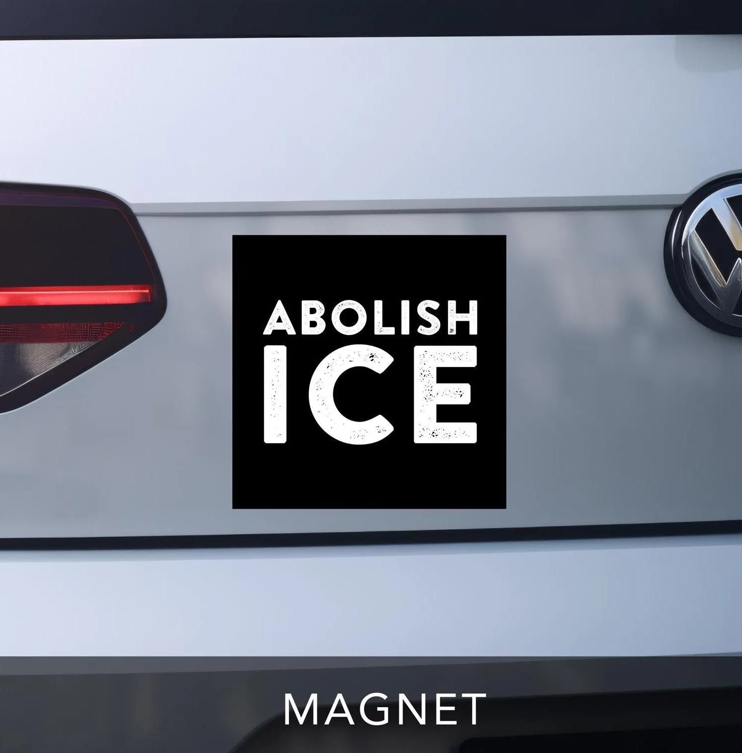 abolish ICE car bumper sticker magnet. black 5x5 square with white distressed block letters.