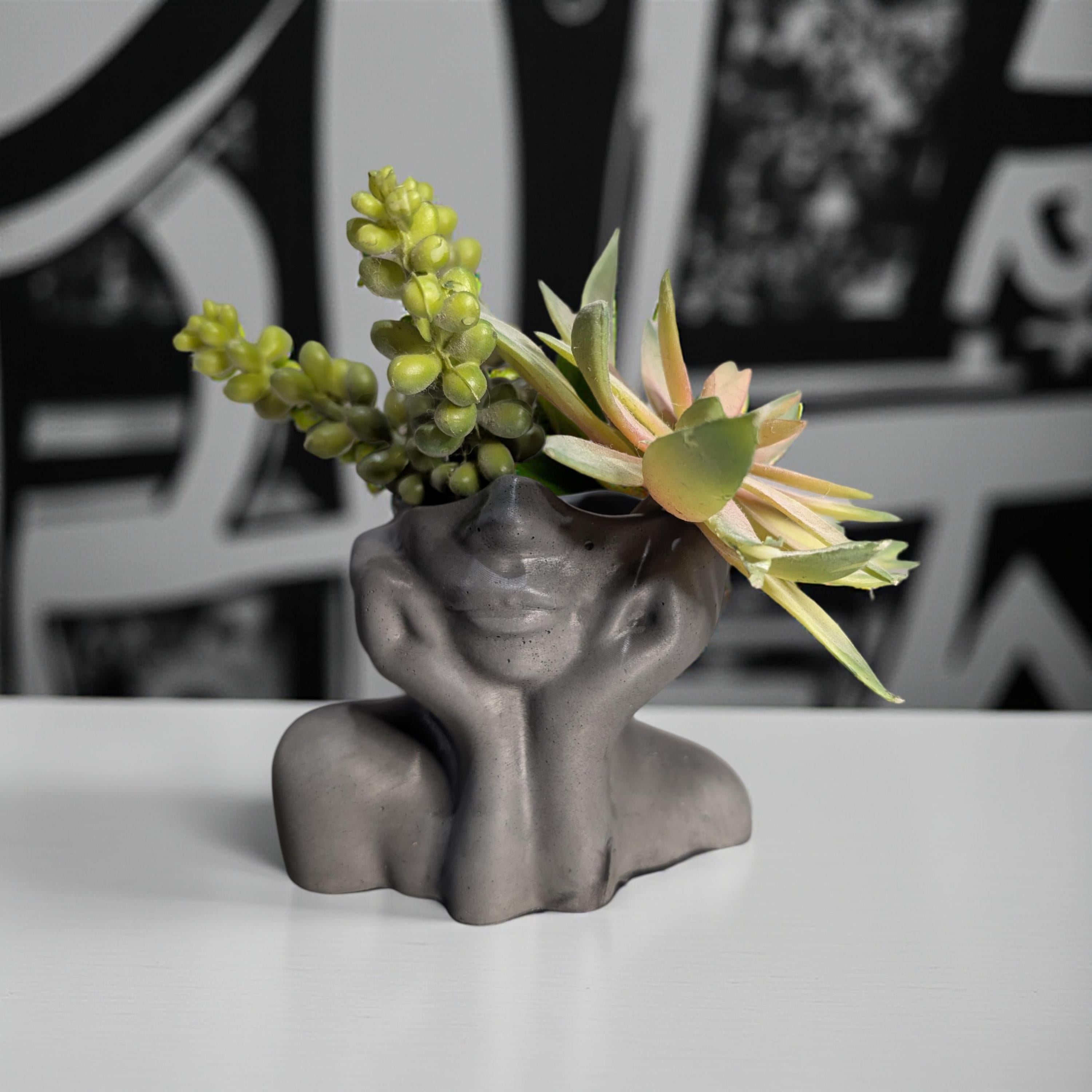 Abstract Face Concrete Head Planter / Sculptural Vase — Modern Minimalist Artistic Home Décor