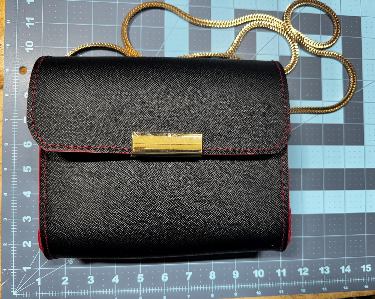 Designer Italian Black and Red Leather Purse with Gold Chain and Magnetic Closure