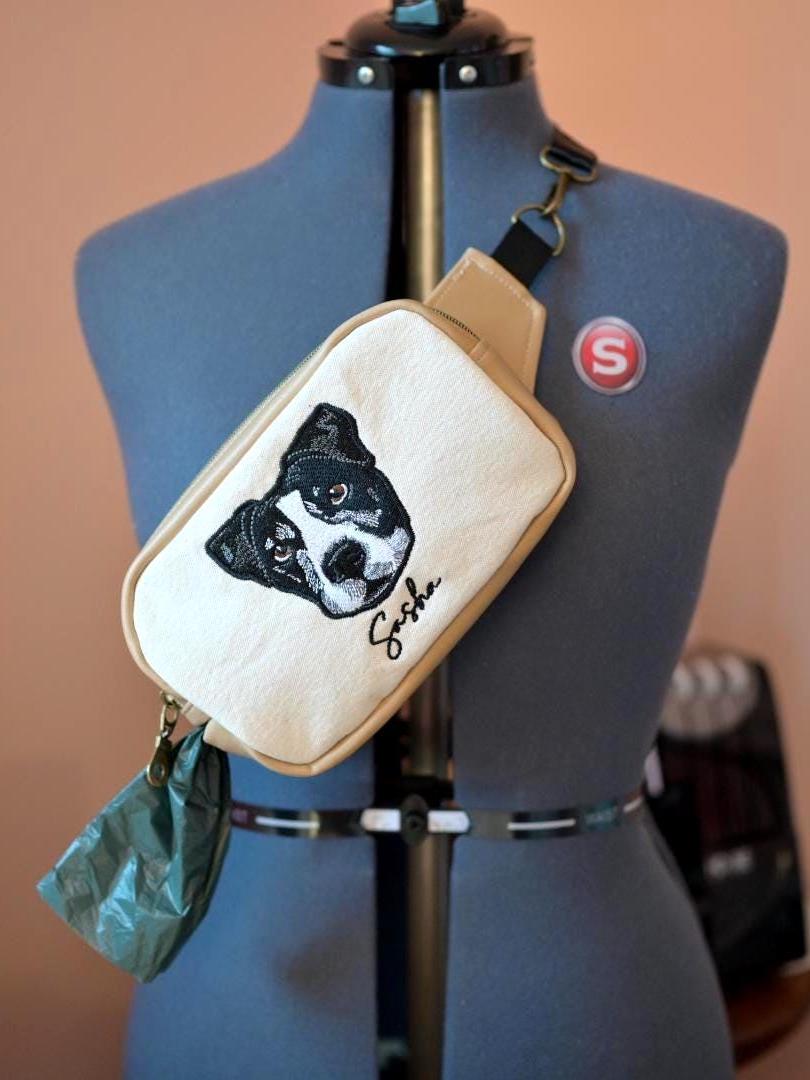 Custom Embroidered Pet Portrait Bag – Dog Walking Fanny Pack - NO AI