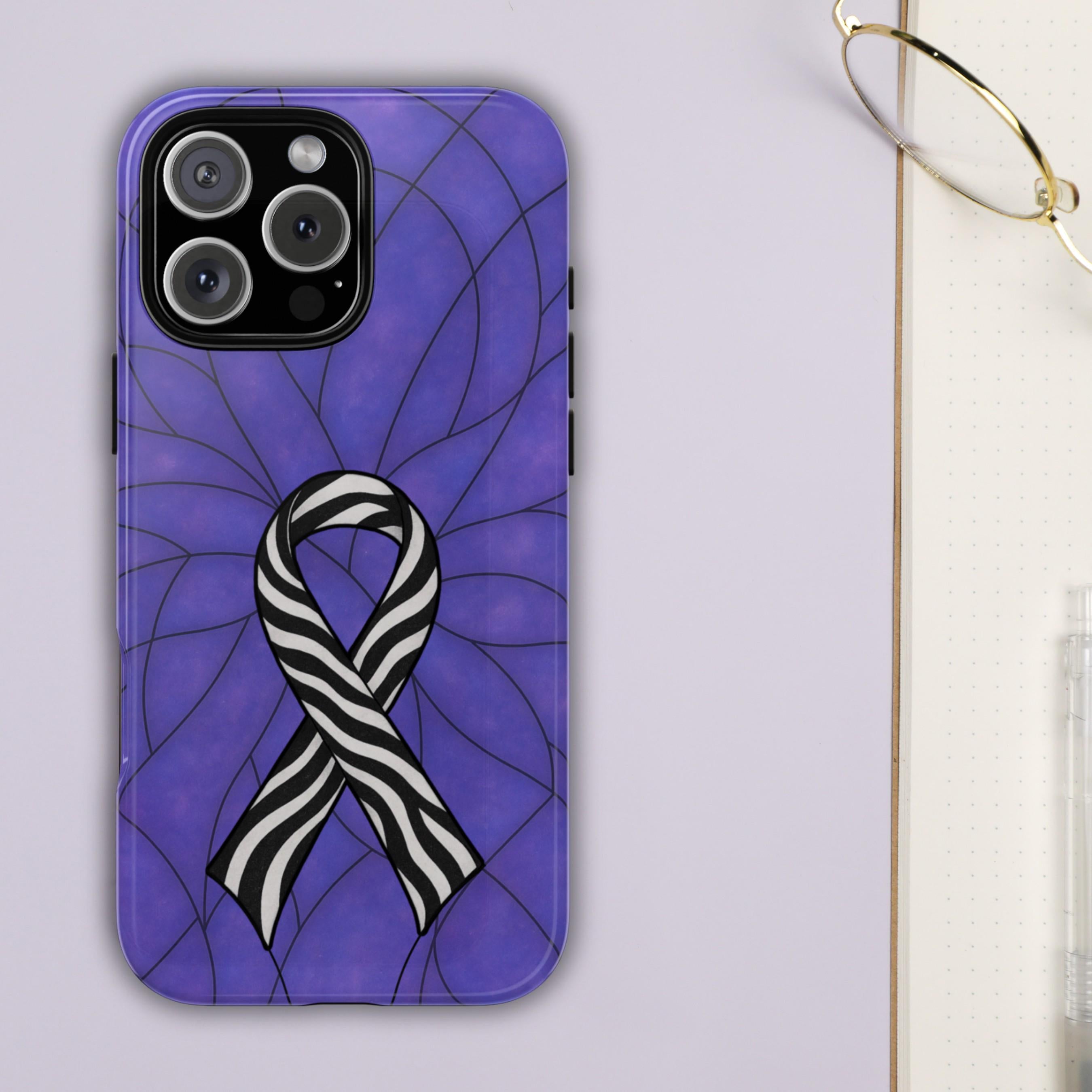 Stained Glass Effect Zebra Ribbon iPhone Tough Case | Rare Disease Warrior Gift | EDS Awareness iPhone Case 8 11 12 13 14 15 16 Pro Max