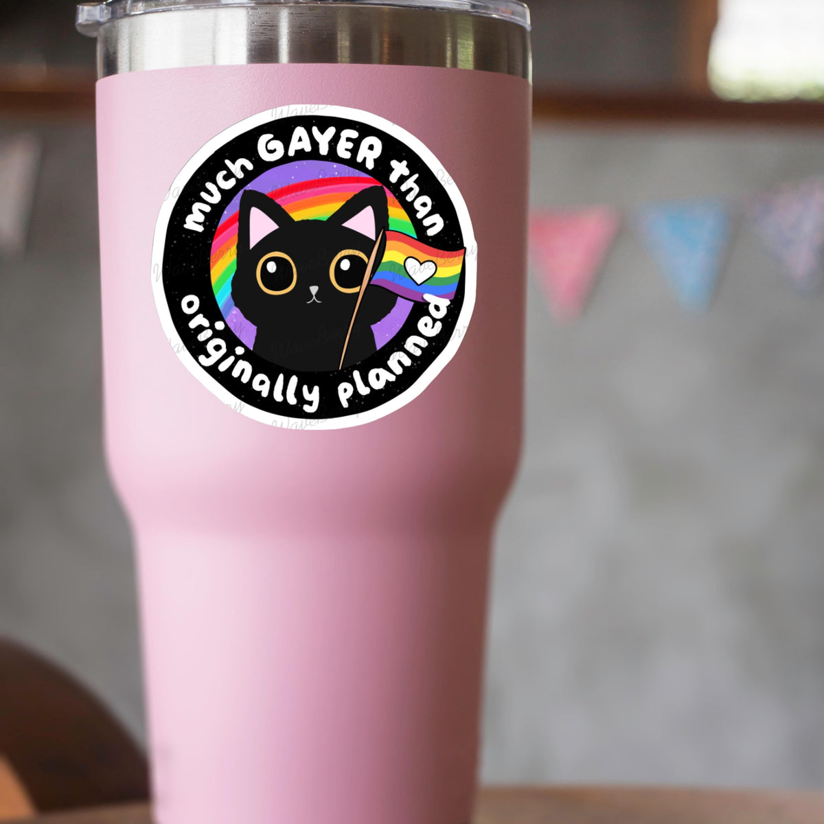 Funny Gay Pride Sticker: Black Cat with Rainbow Flag