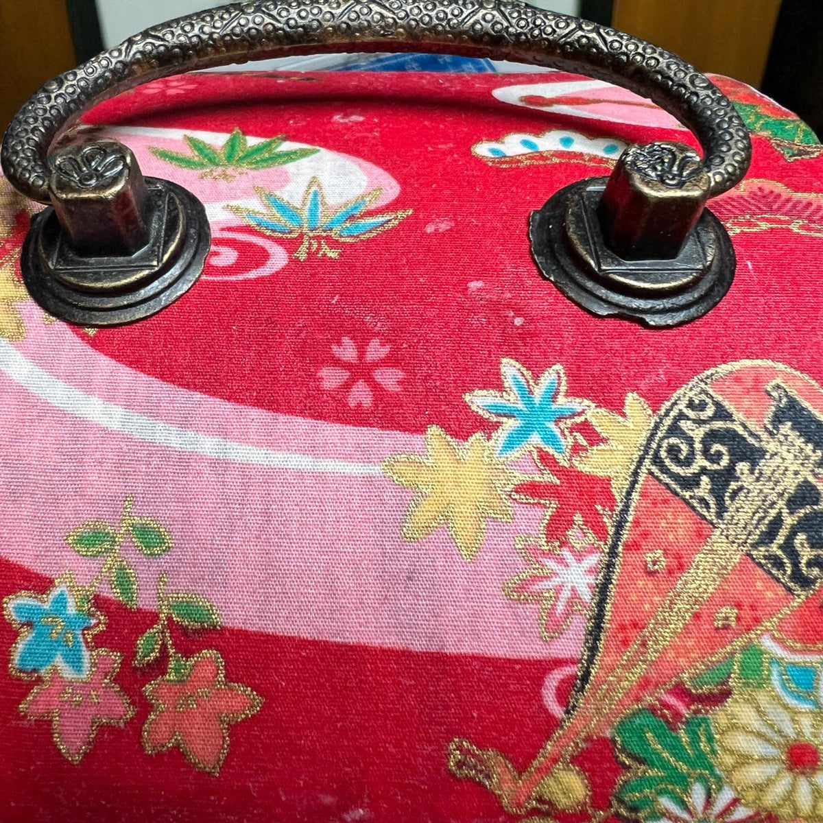 Upcycled Japanese Fabric Wine Carrier, Vintage Wood Box, Brass Hardware, Asian Gift