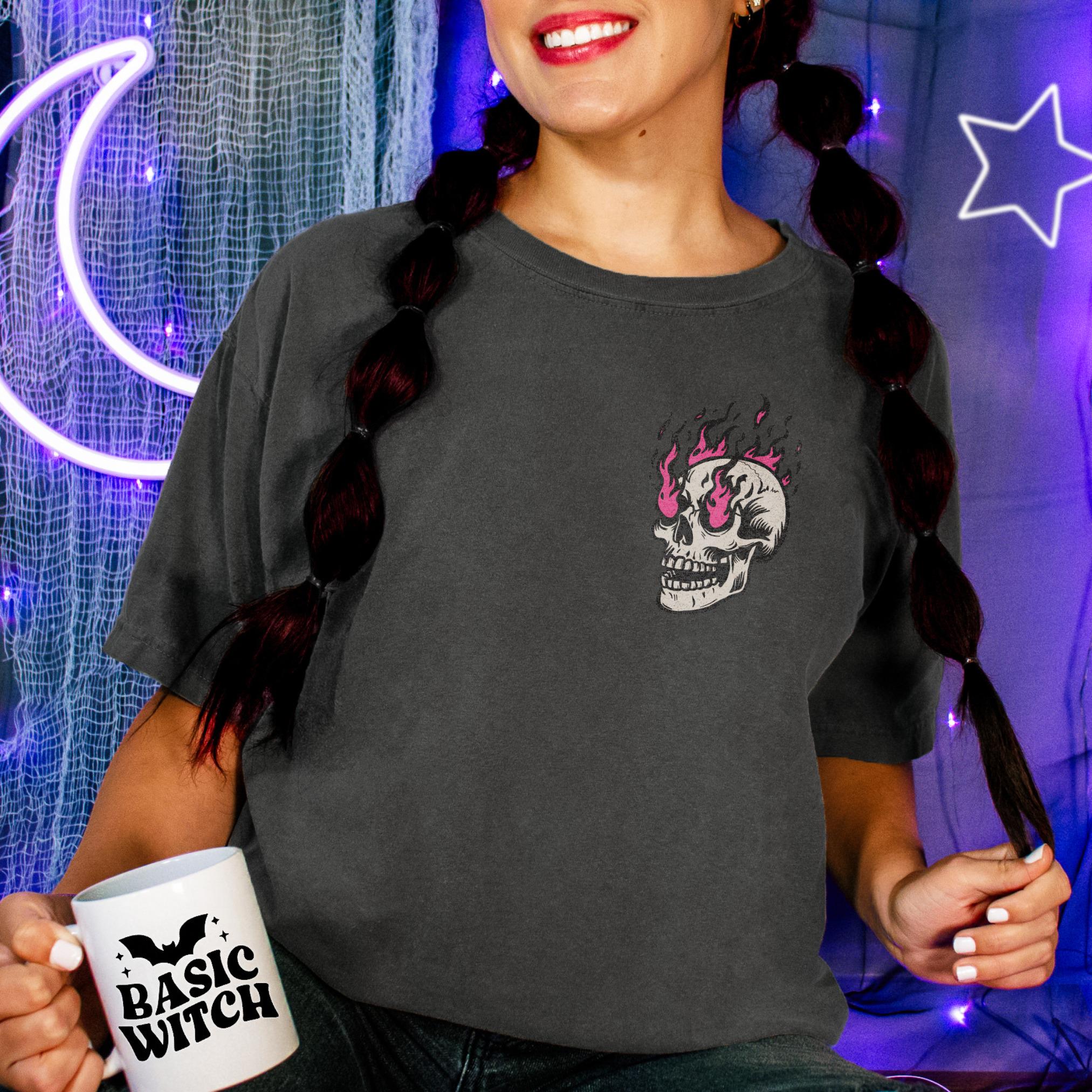 Spooky Skull Graphic Tee, Halloween Witch Mug, Halloween Coffee Lover Gift, Cozy Witch Aesthetic Shirt, Goth Skeleton Top