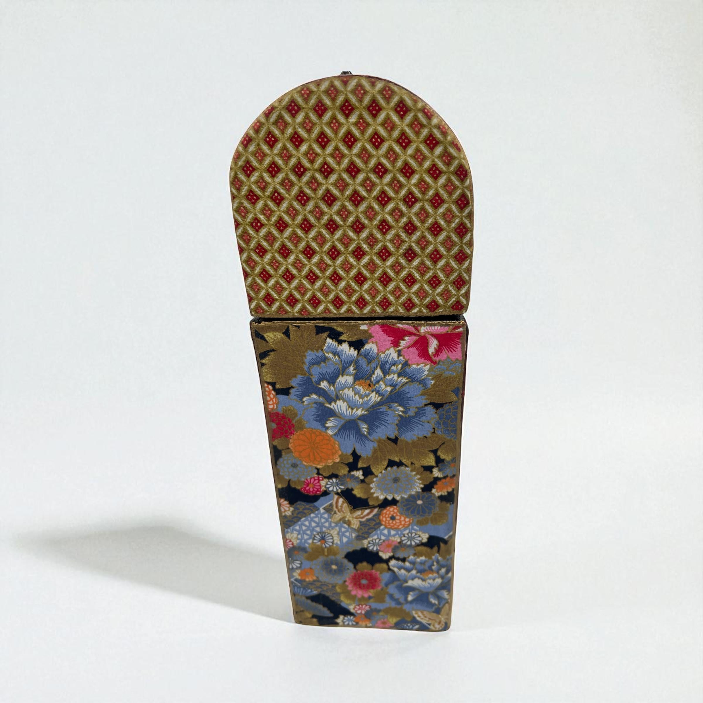 Vintage Japanese Wine Carrier, Decoupaged Kimono Fabric, Gold Leaf Trim, Geisha Gift Box