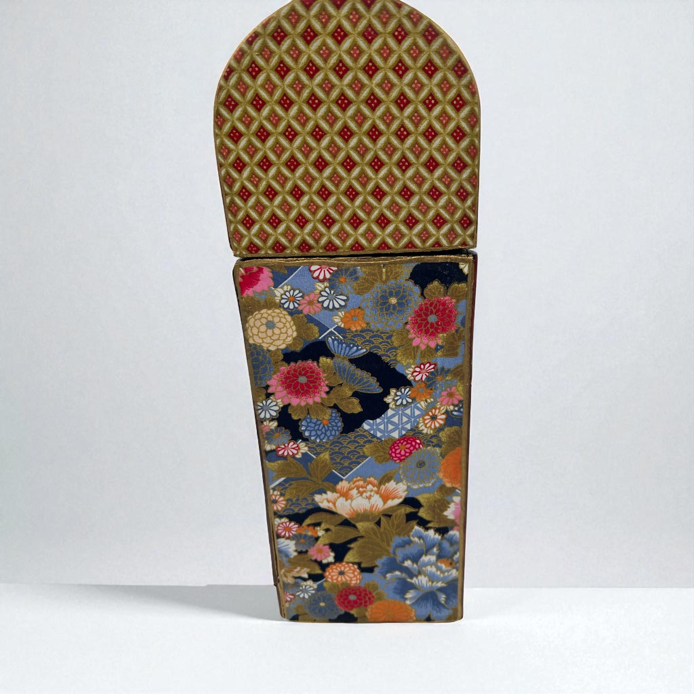 Vintage Japanese Wine Carrier, Decoupaged Kimono Fabric, Gold Leaf Trim, Geisha Gift Box