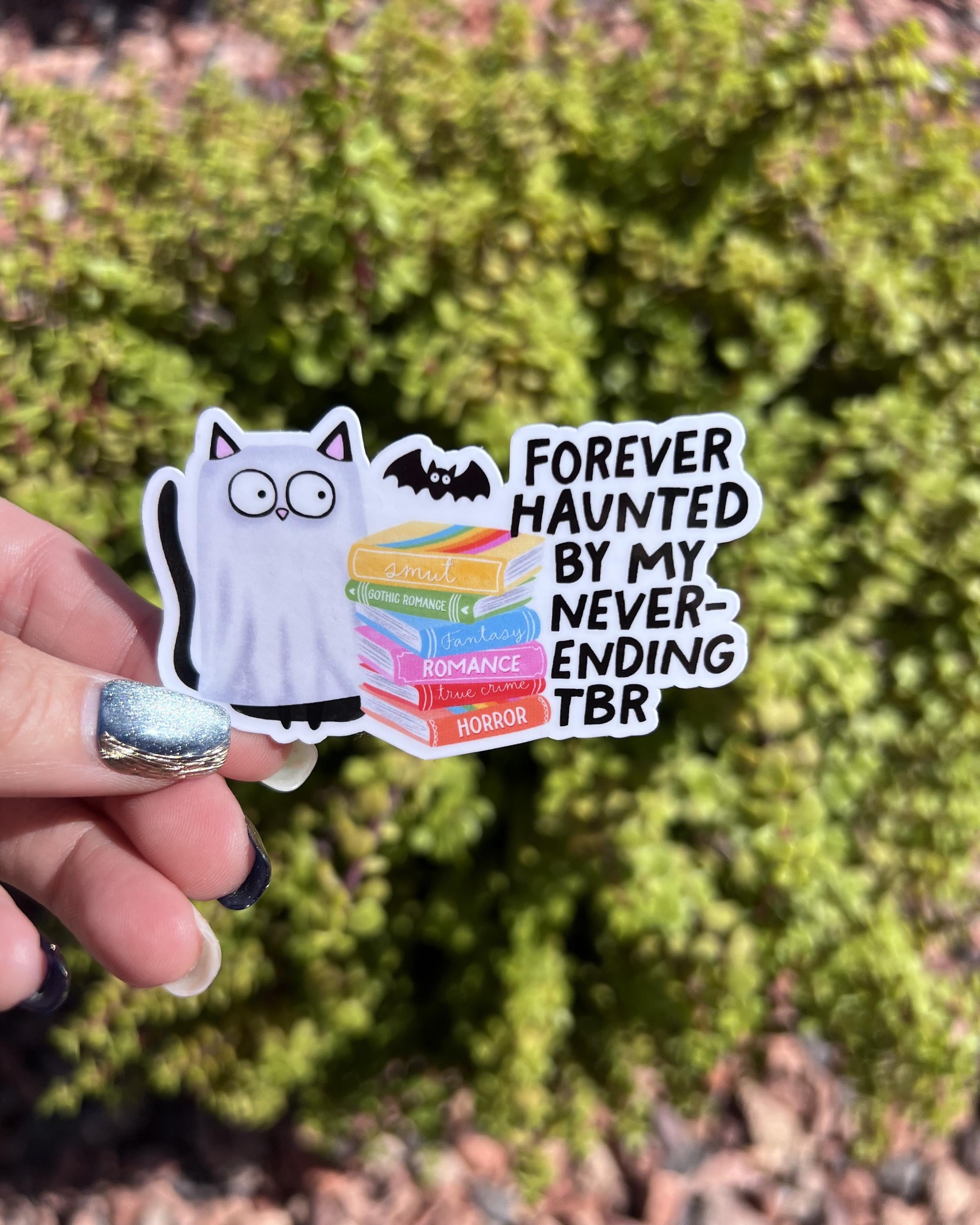Bookish Ghost Cat Sticker: Haunted TBR Pile, Spooky Halloween Reading