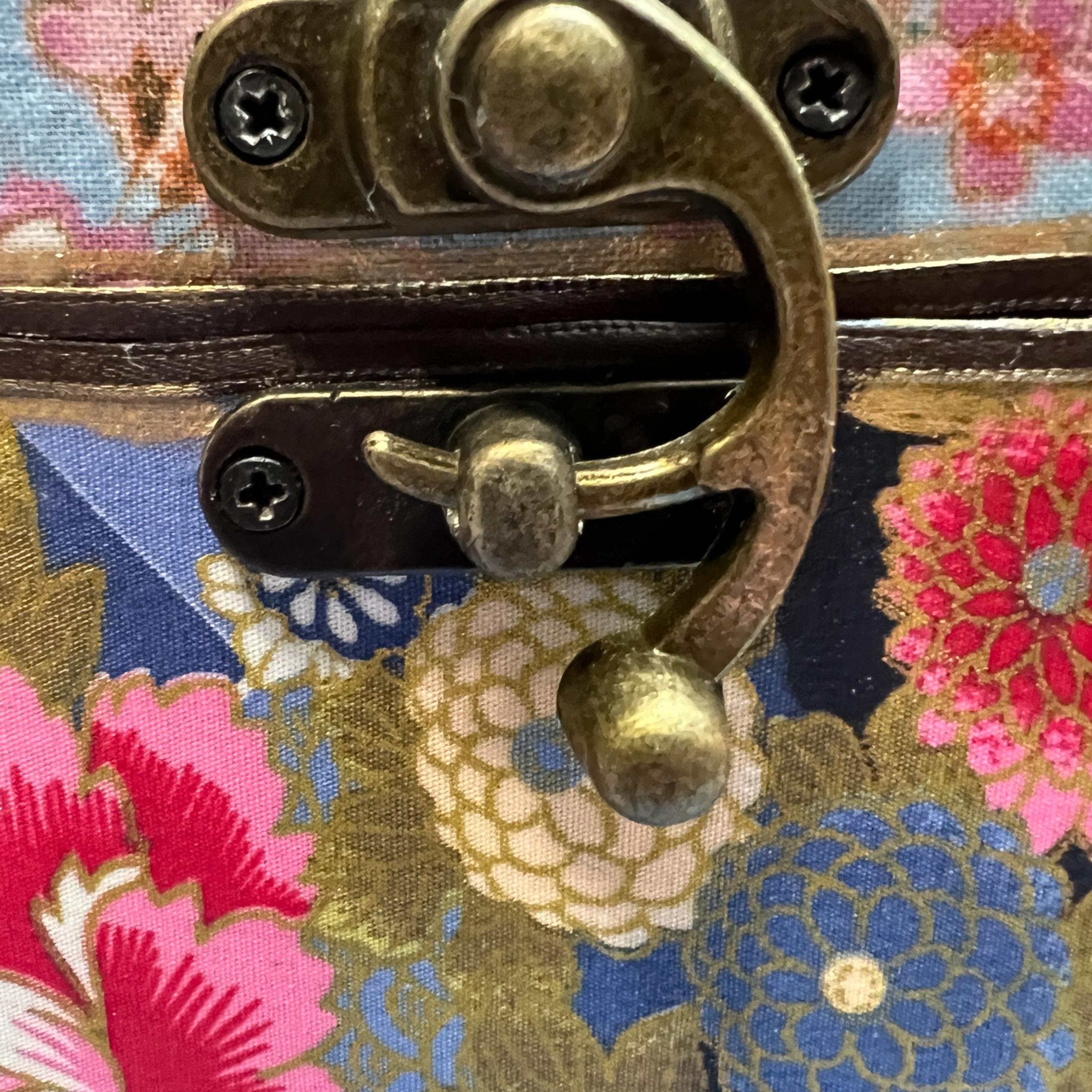 Upcycled Japanese Fabric Wine Carrier, Vintage Wood Box, Brass Hardware, Asian Gift