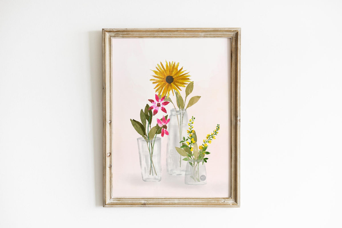 Yellow Wildflower Art Print: Watercolor Floral Vase Illustration