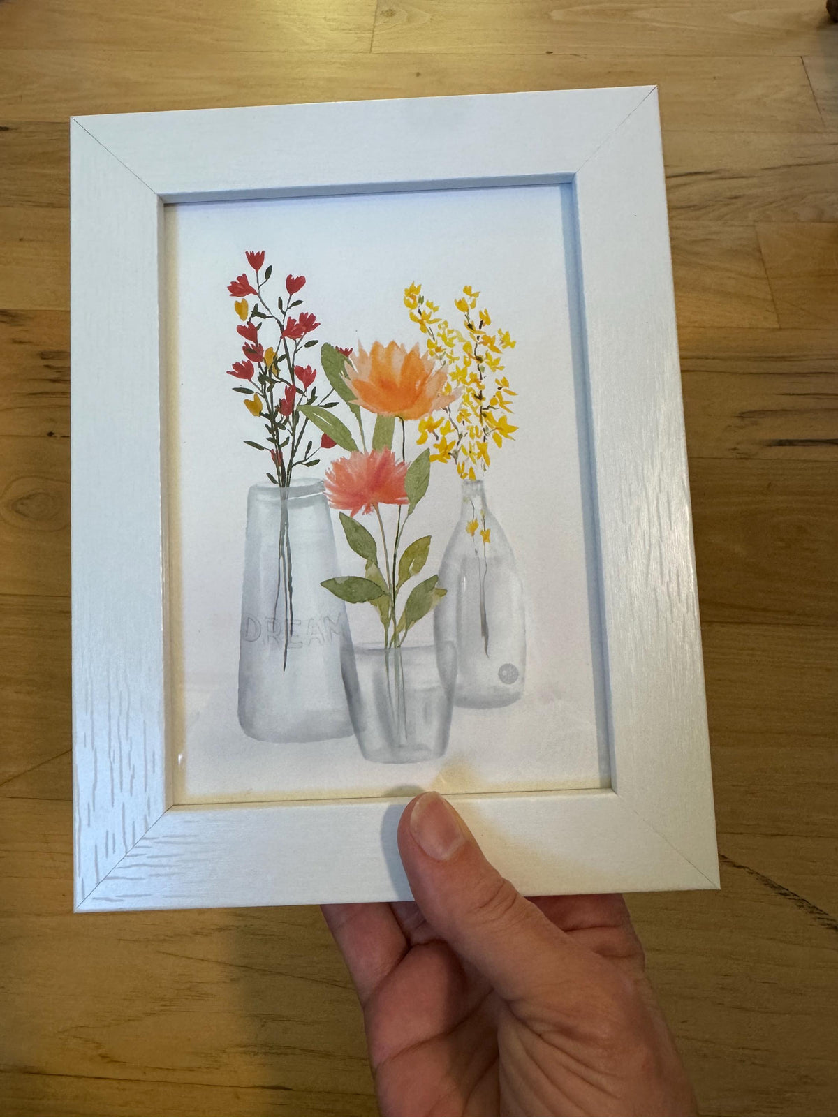 Apricot Peony Watercolor Art Print: Wildflowers in Vase
