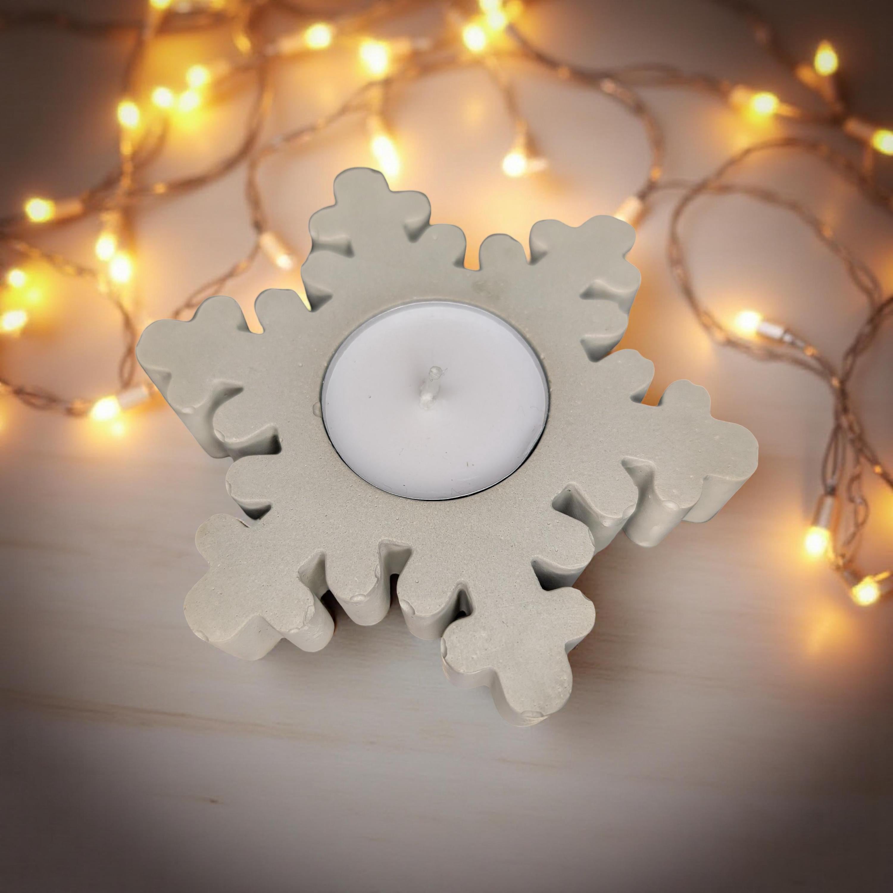 Concrete Snowflake Tea Light Candle Holders – Winter Holiday Table Décor – Minimalist Christmas Candle – Includes Tea Lights
