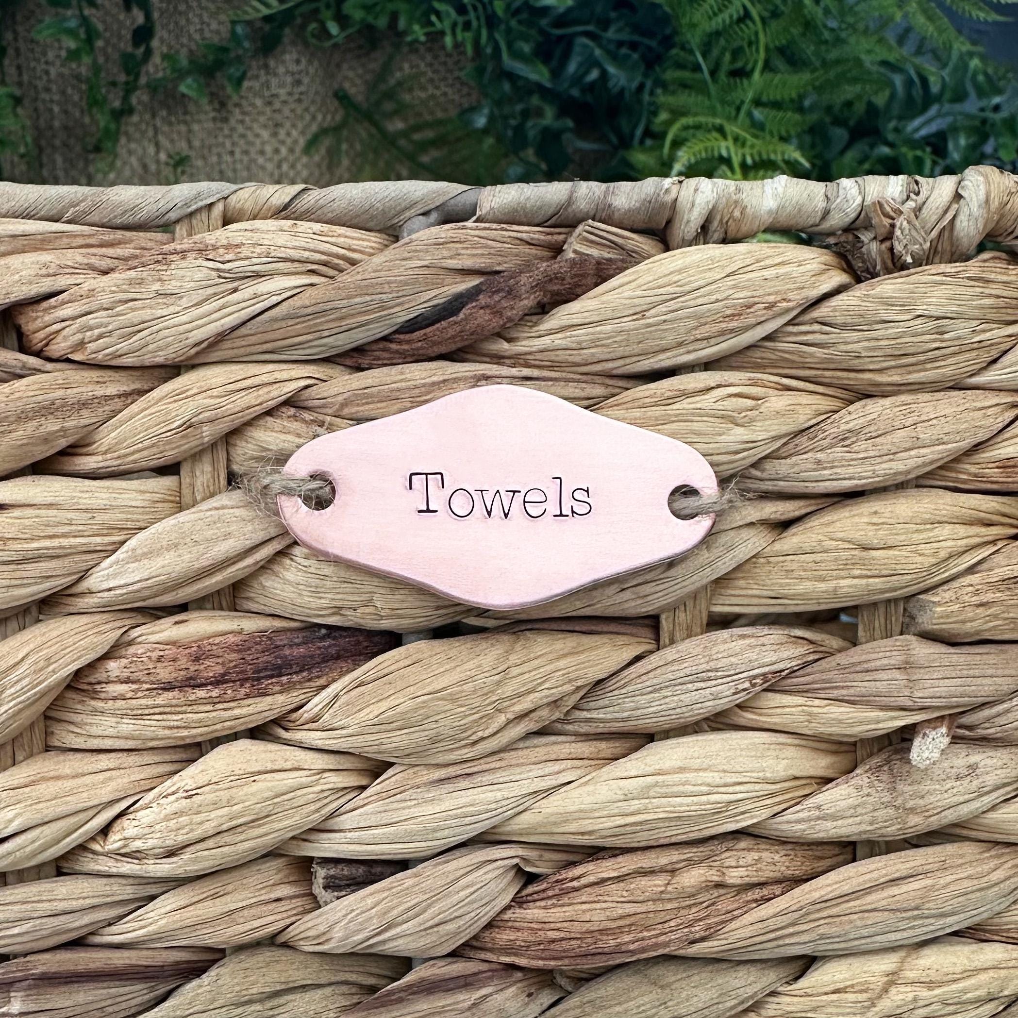 Custom Basket Label: Personalized Hand Stamped Brass or Copper Closet or Pantry Tag