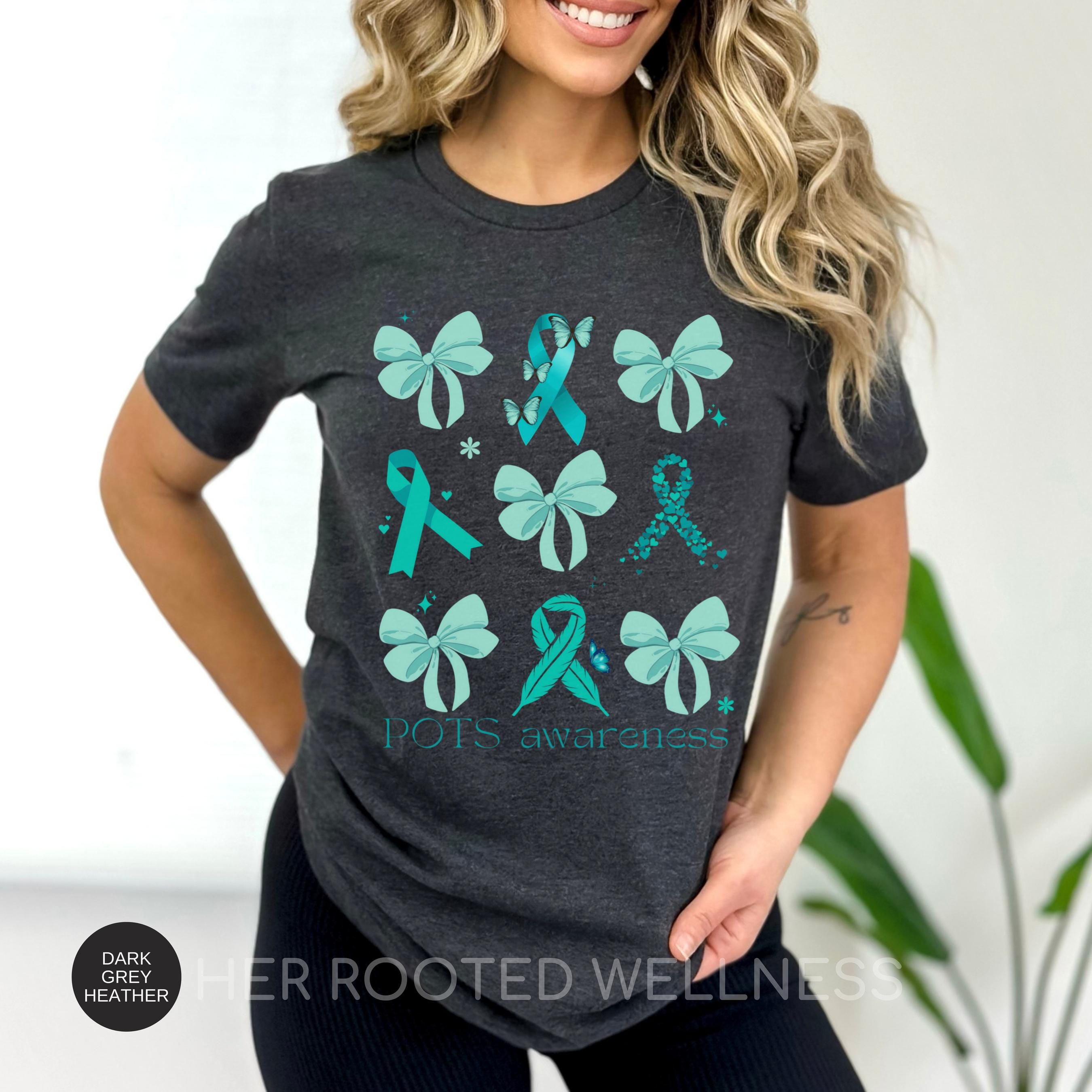 Coquette POTS Syndrome Shirt | Teal Ribbon and Bows Dysautonomia Awareness T-shirt | Postural Orthostatic Tachycardia Syndrome Apparel