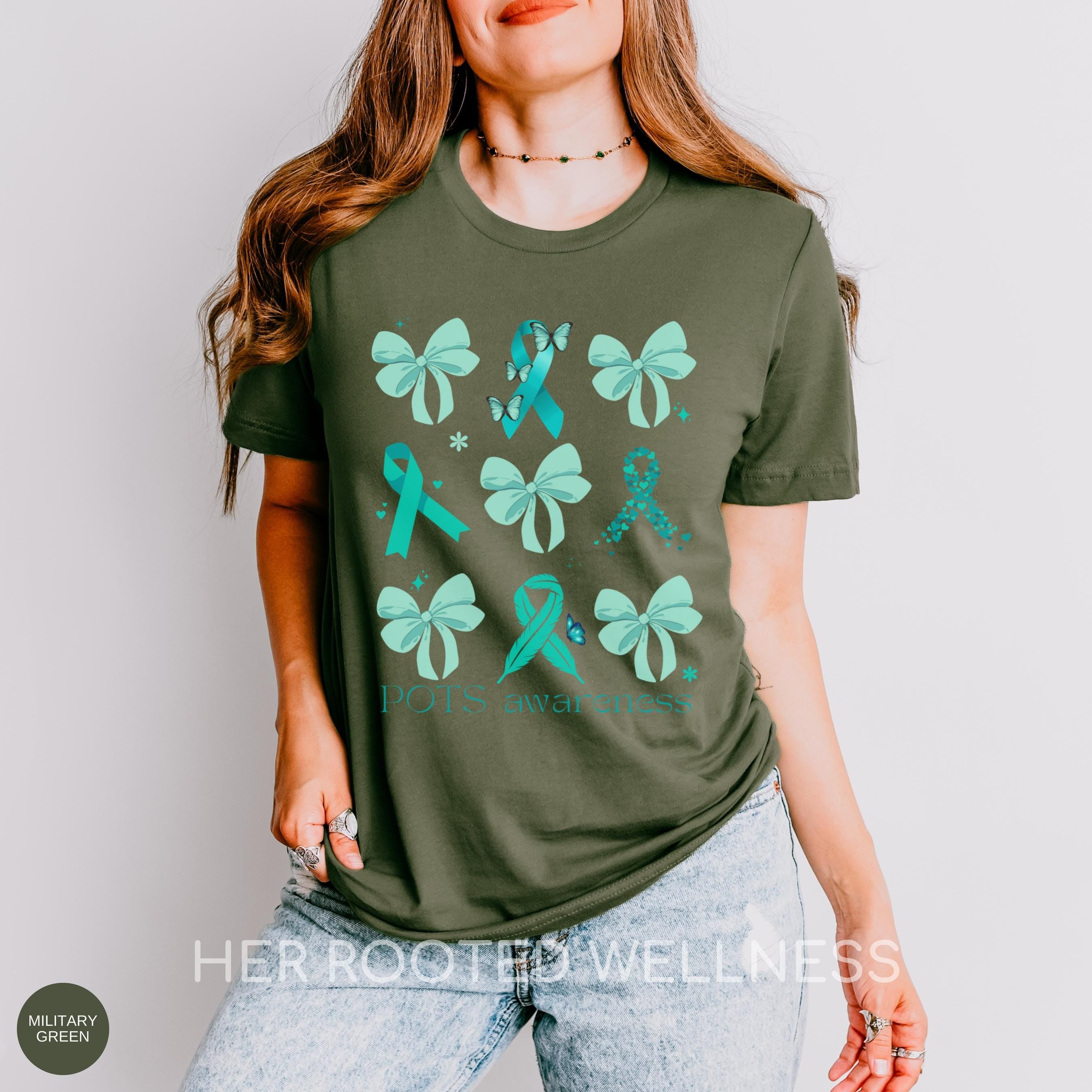 Coquette POTS Syndrome Shirt | Teal Ribbon and Bows Dysautonomia Awareness T-shirt | Postural Orthostatic Tachycardia Syndrome Apparel