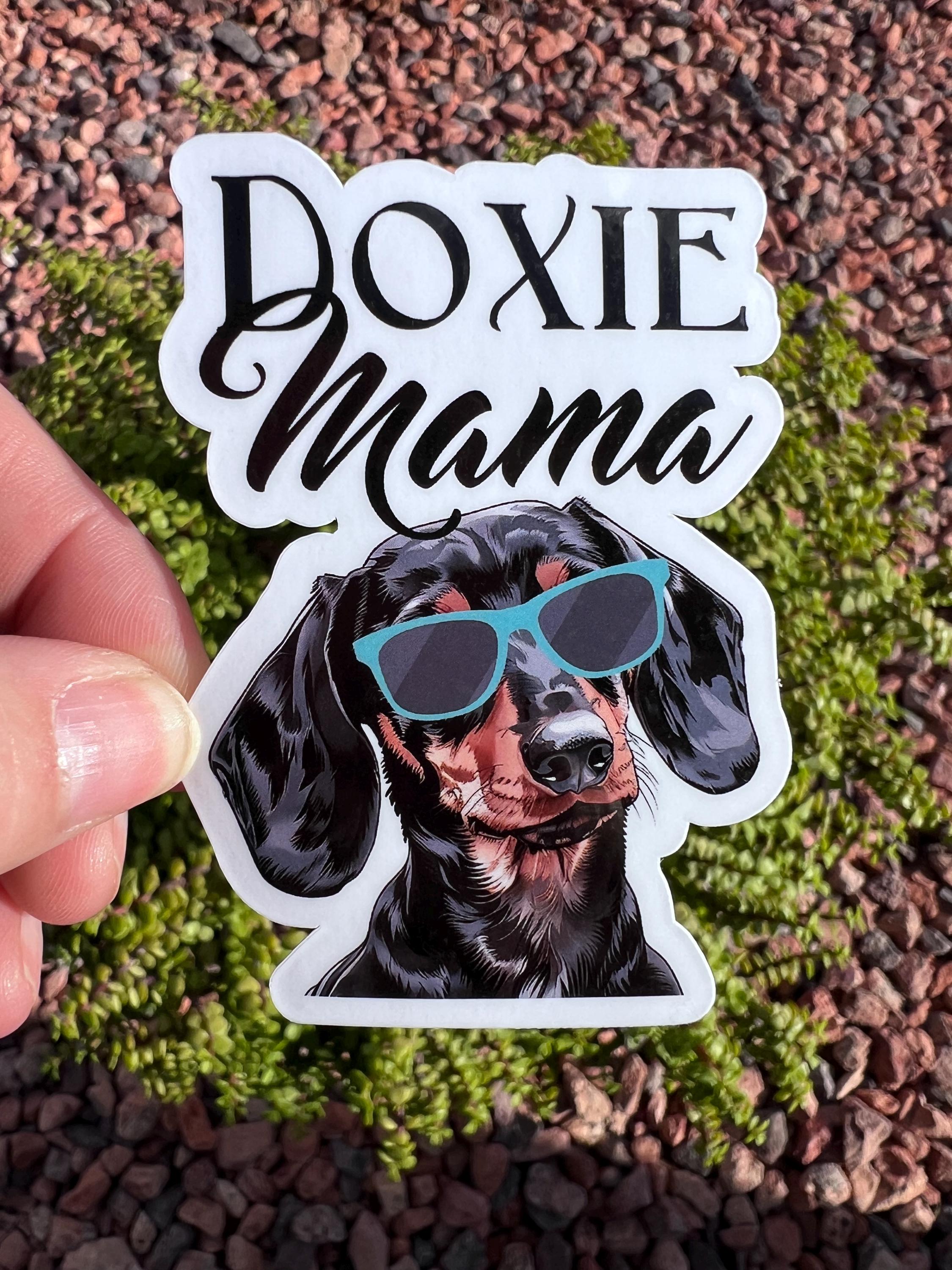 May include: A sticker featuring a dachshund wearing blue sunglasses. The dachshund is black and brown with a red tongue. Above the dog is the text &
