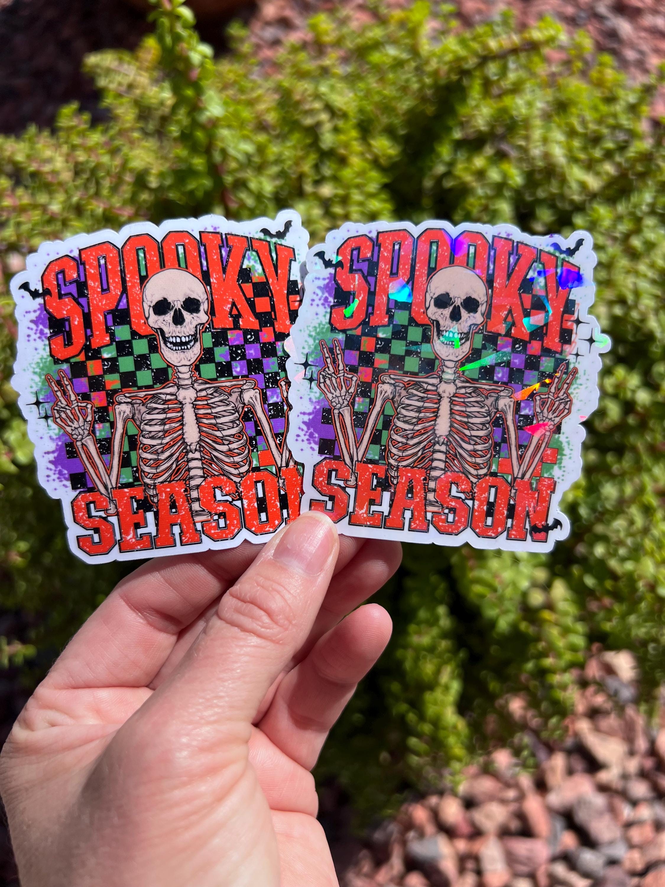 Spooky Season Skeleton Sticker, Retro Halloween Checkerboard Decal, 2 or 3 Inch, Clear or Holographic Overlay