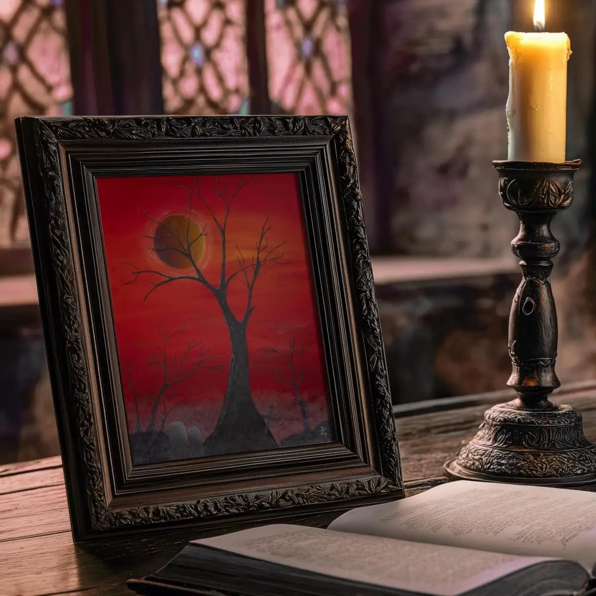 Spooky Red Tree Acrylic Painting with Blood Red Sky and Cemetery, Original Hand-Painted Art