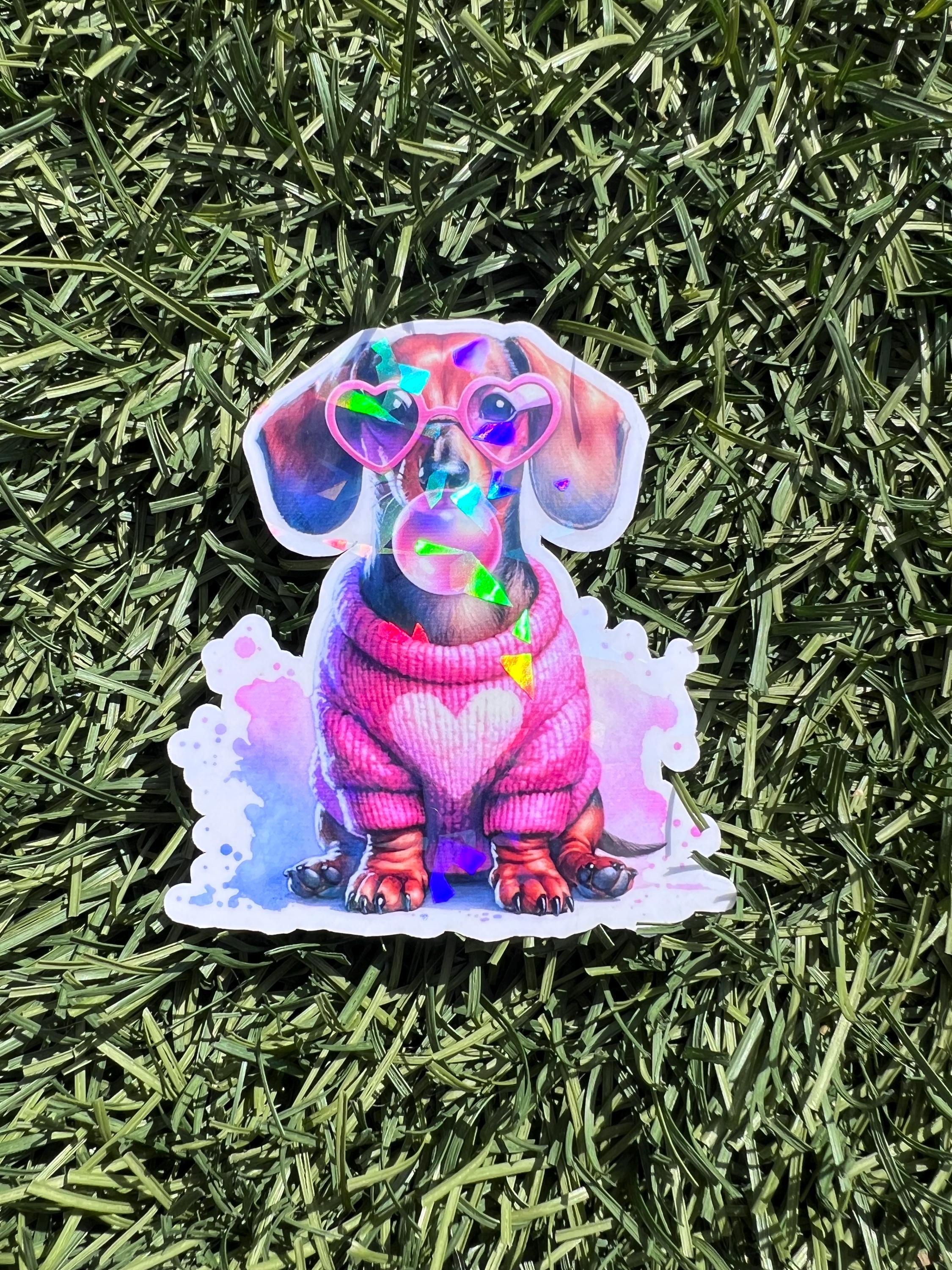 Dachshund Dog Sticker: Pink Sweater, Heart Glasses - Water-Resistant Vinyl