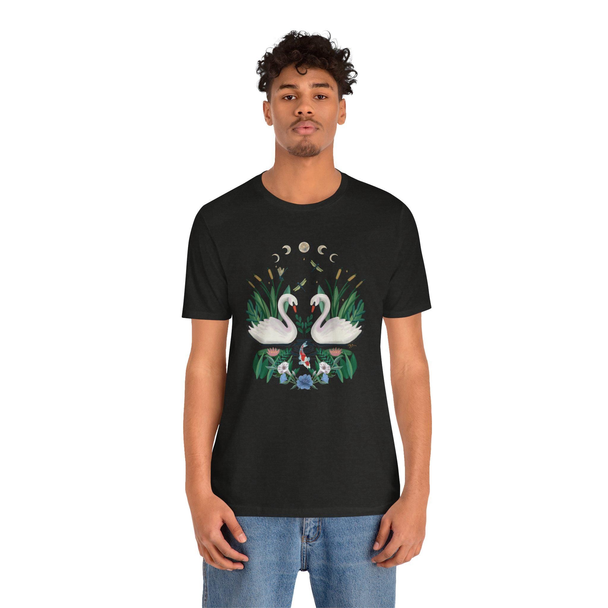 Swan Graphic Tee - Floral Moon Design, Nature Lover Unisex Shirt