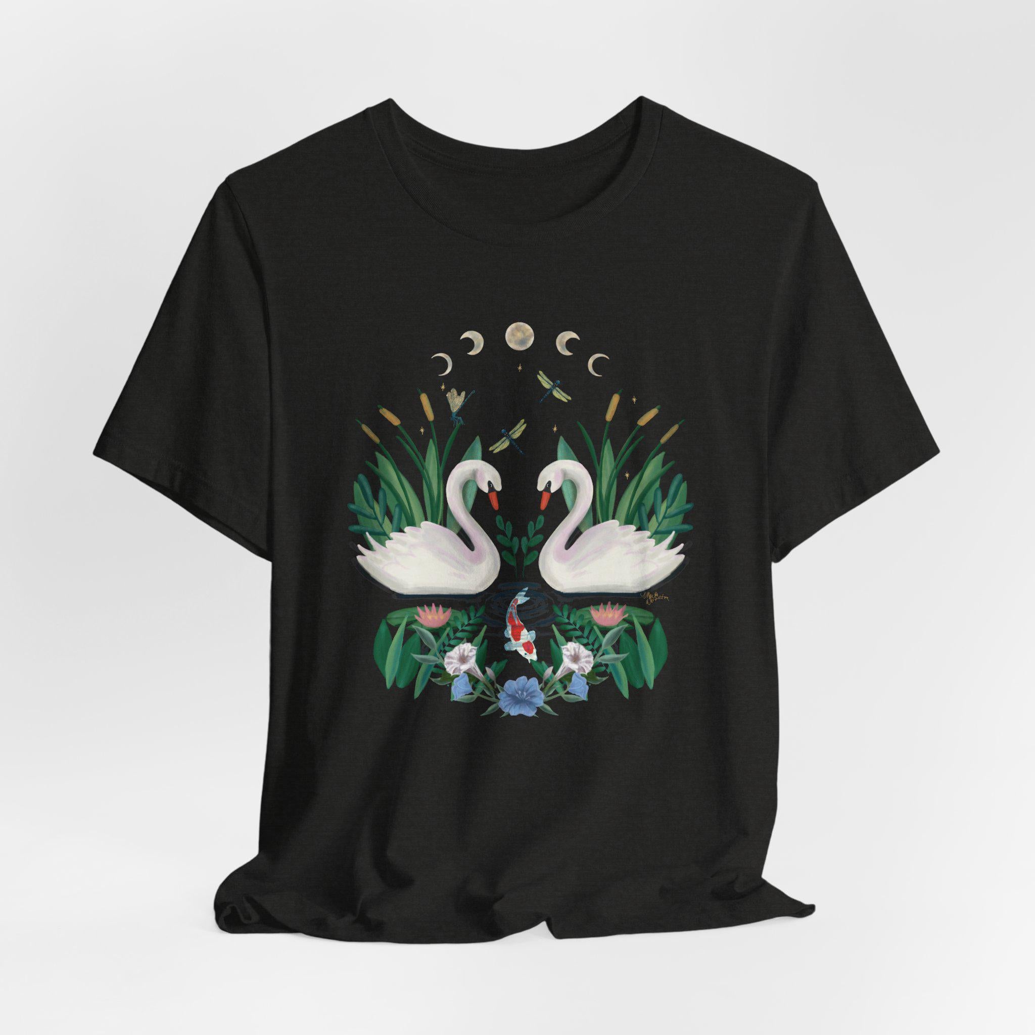 Swan Graphic Tee - Floral Moon Design, Nature Lover Unisex Shirt